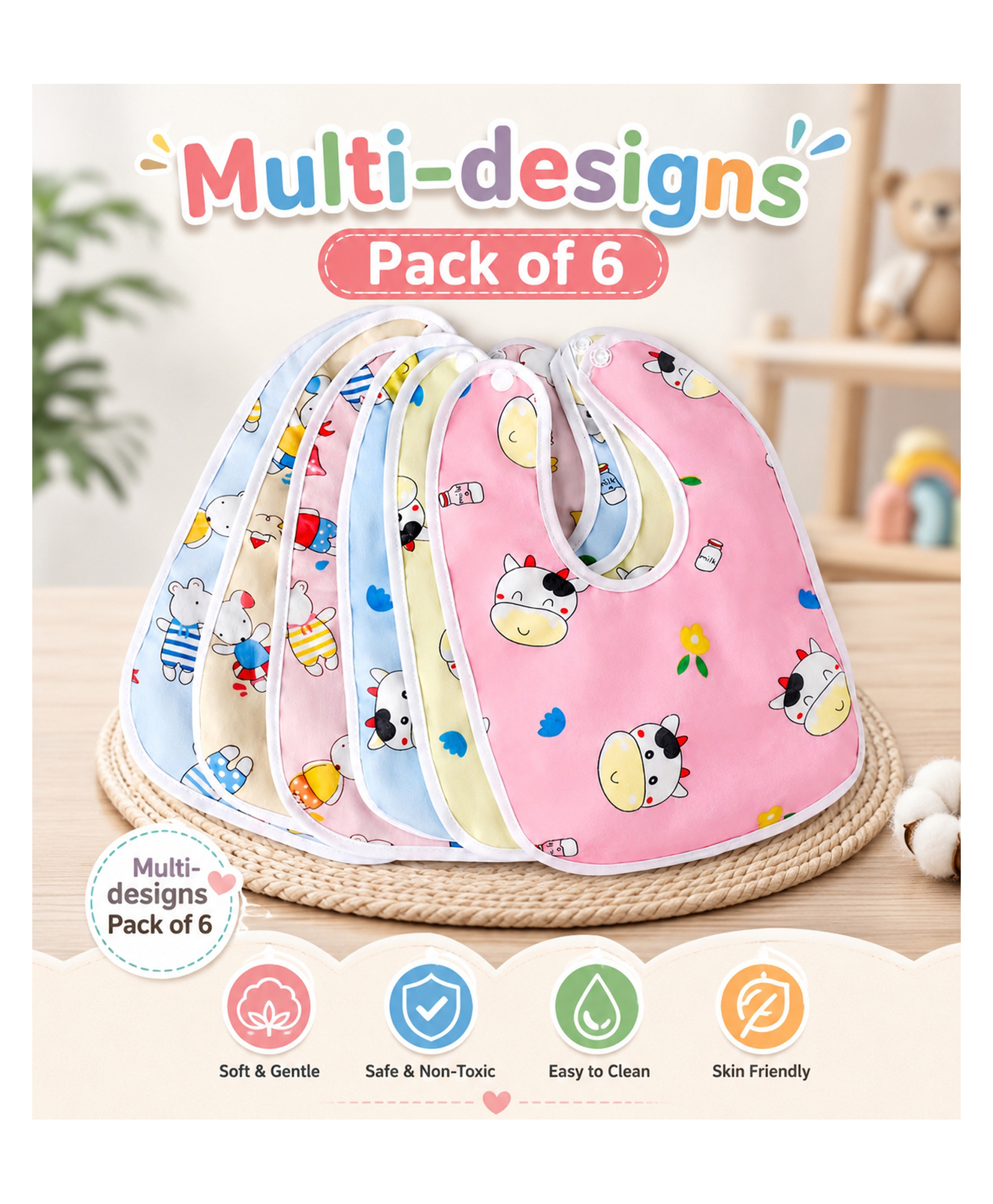 Totilo Baby Soft Feeding Bib Apron Cute Multi Print with Tich Button - multicolor (Pack Of 6)-image-37