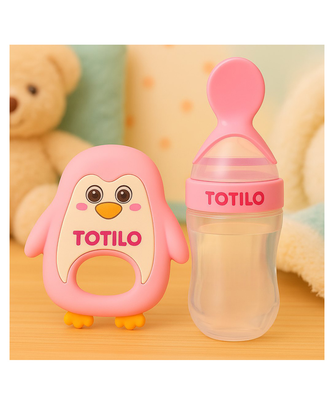 Totilo Baby Silicone Spoon Bottle with Soft Teether Feeder Combo , BPA Free Feeding Set- Pink & Pink-image-43