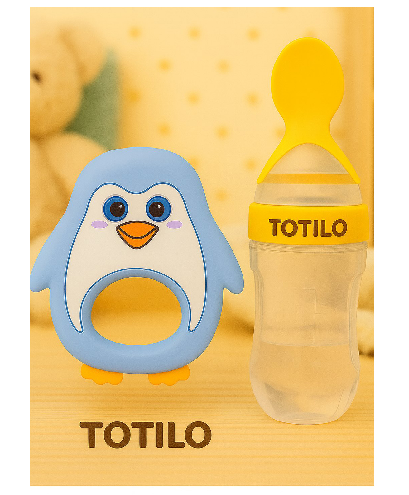 Totilo Baby Silicone Spoon Bottle with Soft Teether Feeder Combo , BPA Free Feeding Set- Yellow & Blue-image-45