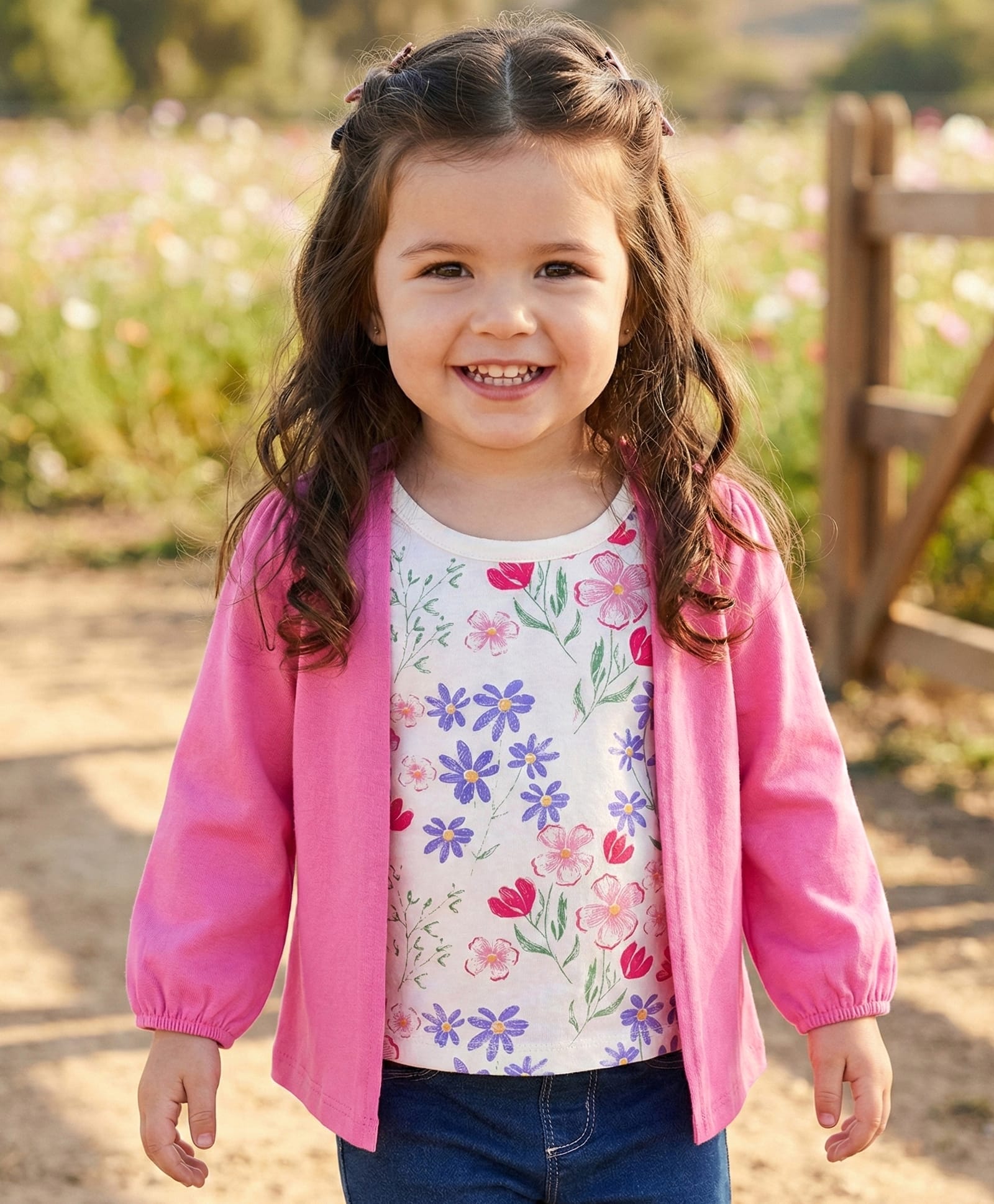 Babyhug 100% Cotton Knit Full Sleeves Top with Attached Shrug Floral Print - Pink-image-22