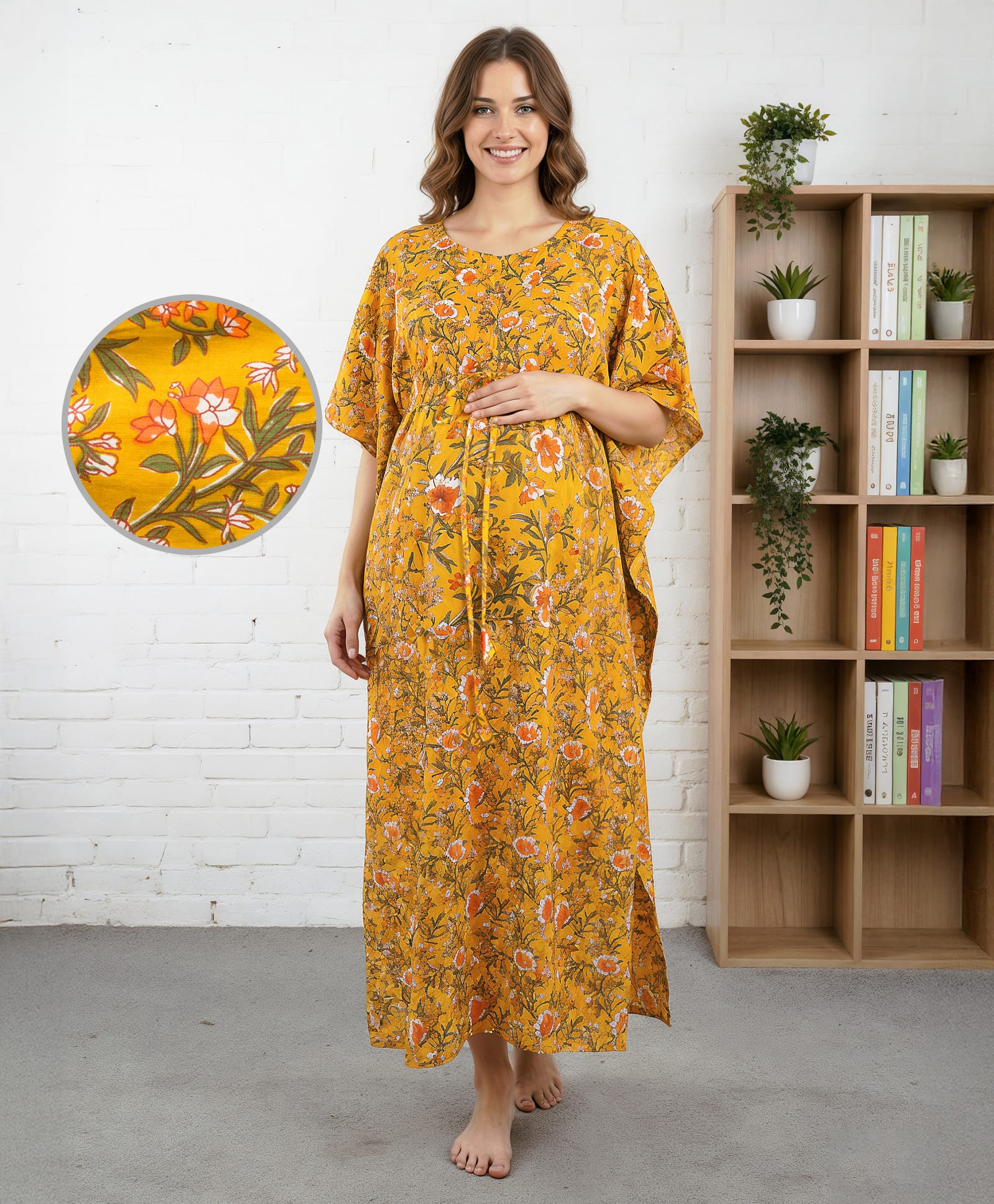 Bella Mama Cotton Woven Half Sleeves Maternity Kaftan With Floral Print - Mustard