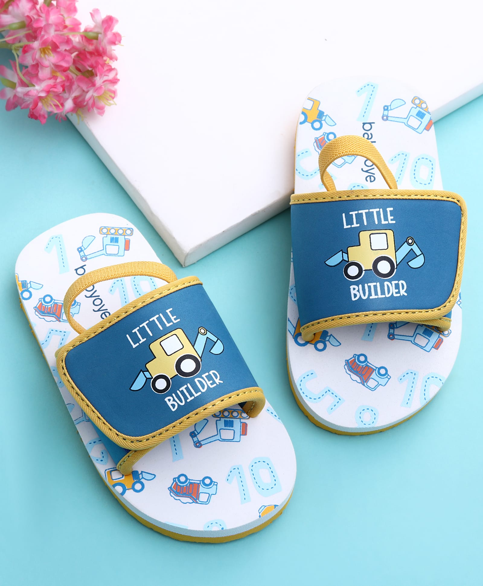 Babyoye Back Strap Flip Flops with Vehicle Print - White