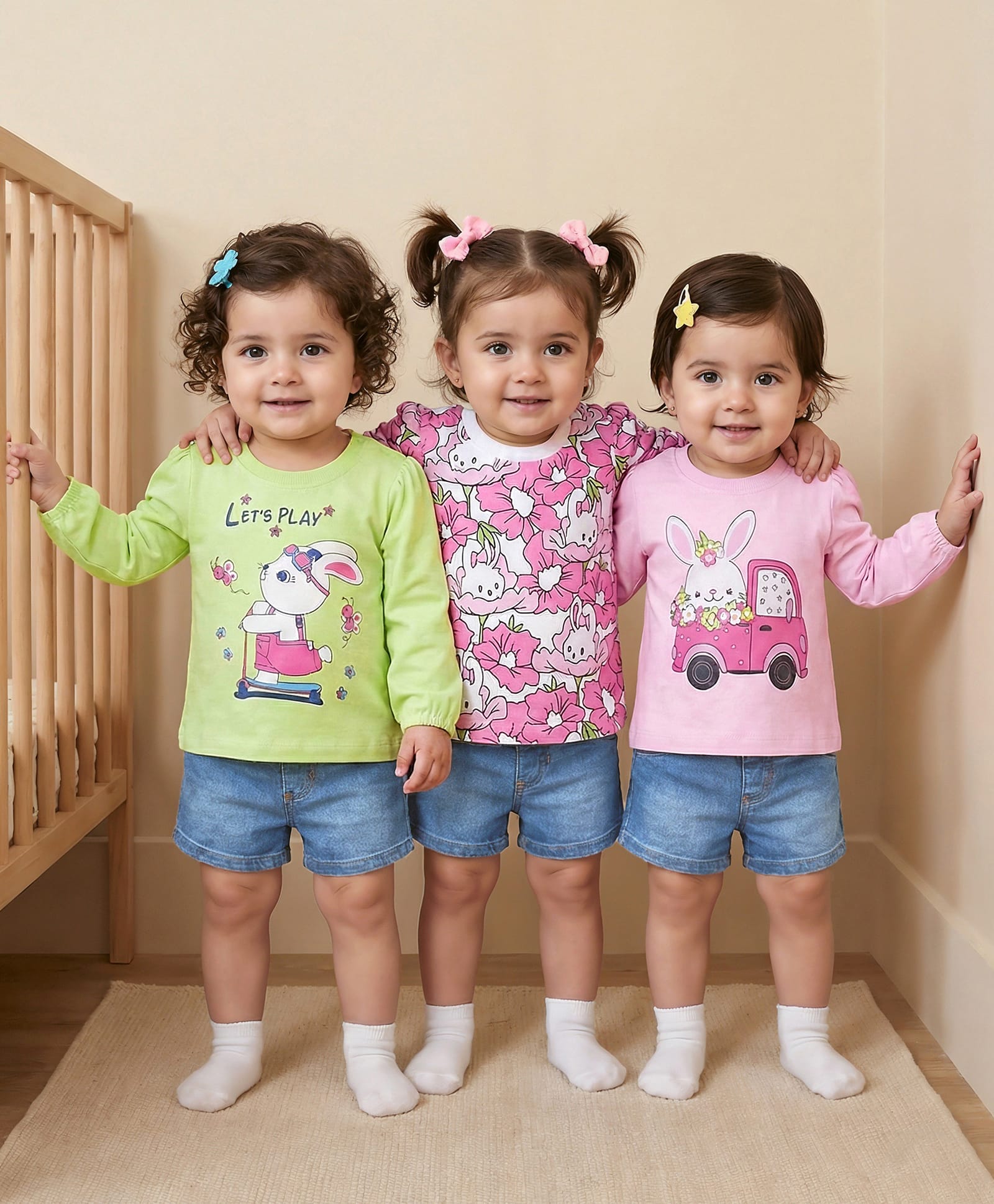 Doodle Poodle 100% Cotton Single Jersey Knit Full Sleeves Top With Floral & Vehicle Print Pack Of 3 - White Pink & Lime Green-image-28