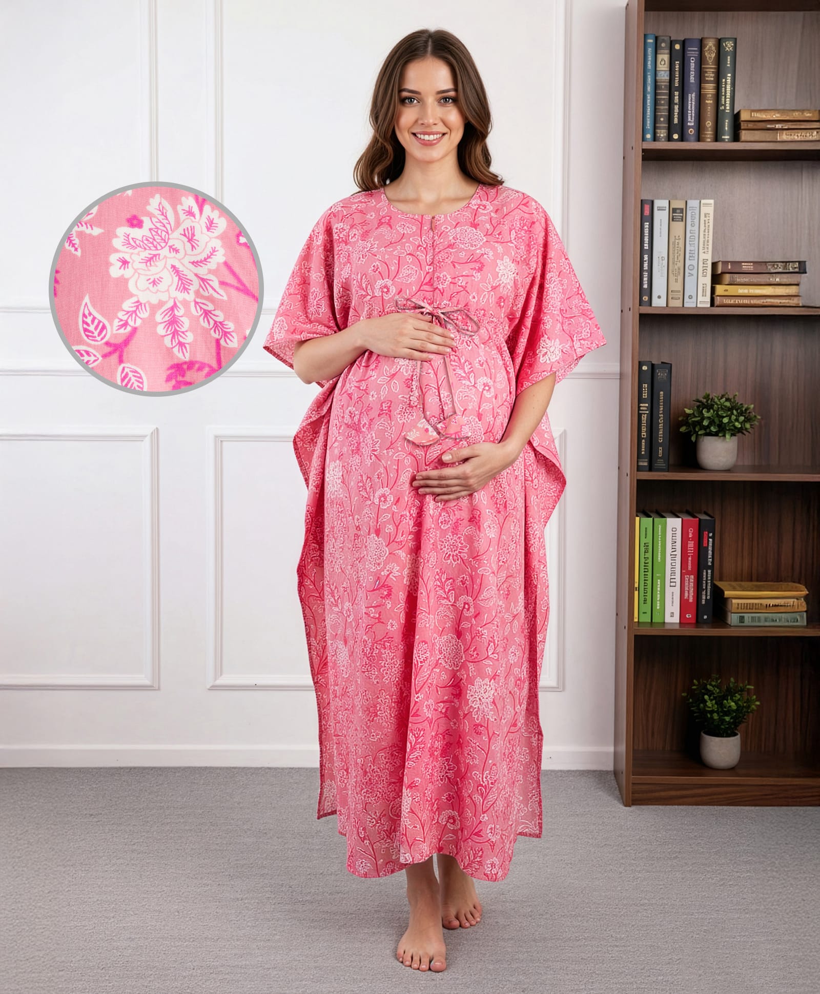 Bella Mama Cotton Woven Half Sleeves Maternity Nursing Kaftan With Floral Print - Pink