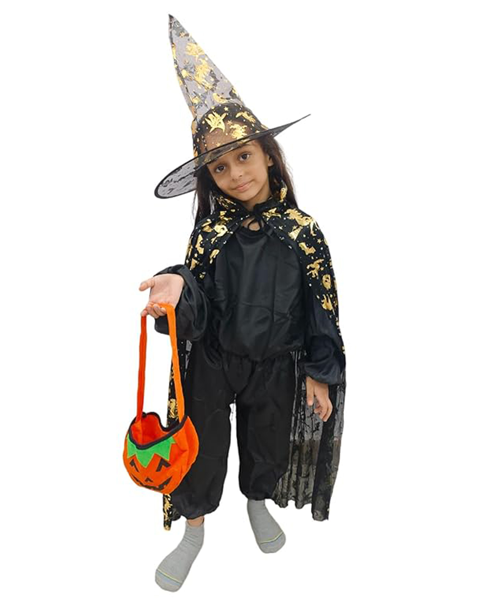 BookMyCostume Halloween Theme Pumpkin Designed Cape Hat & Basket Costume Set - Golden & Black-image-1
