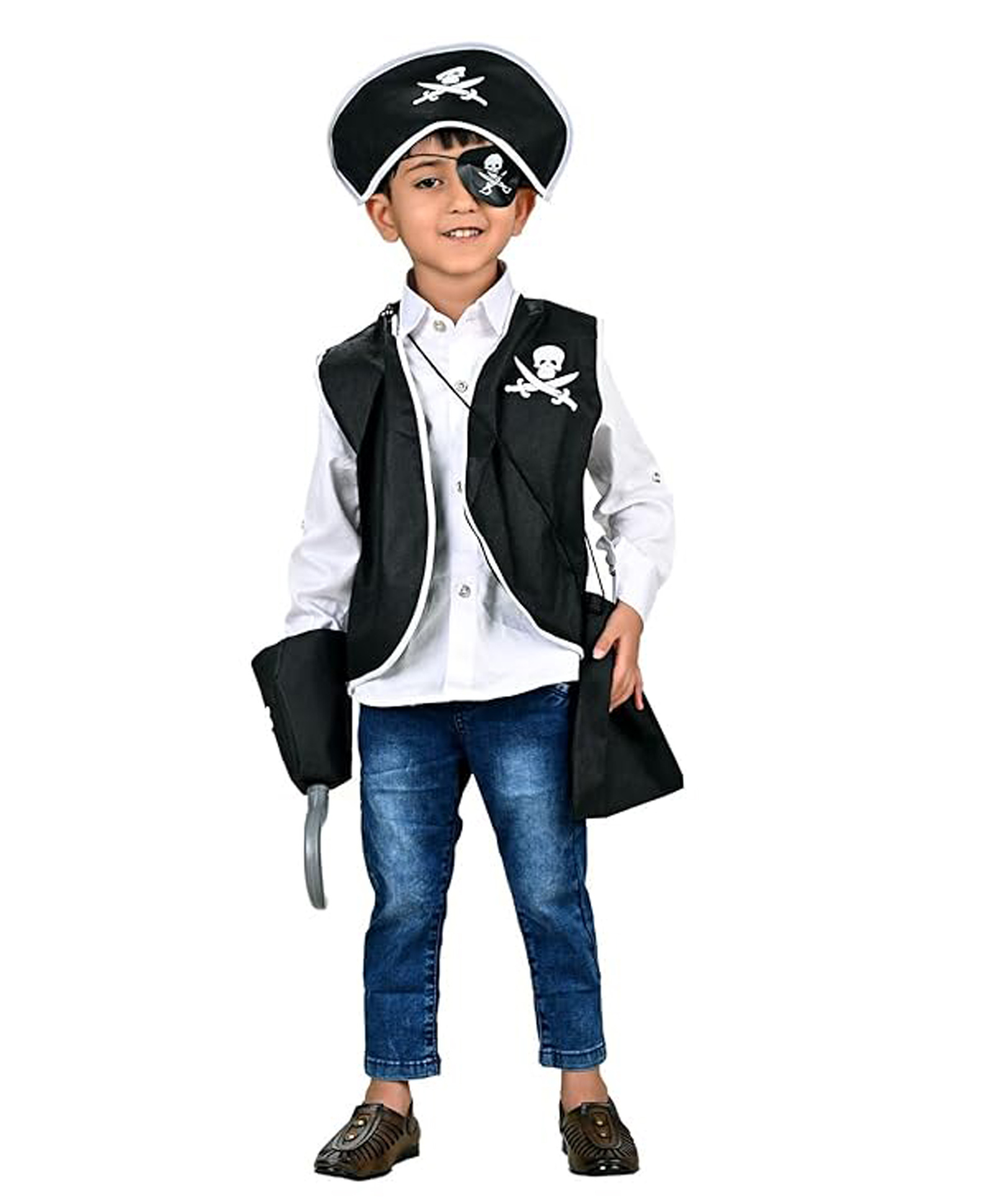 BookMyCostume Halloween Theme Pirate Costume Set With Eye Patch Bag Hat & Hook Set - Black-picture-15