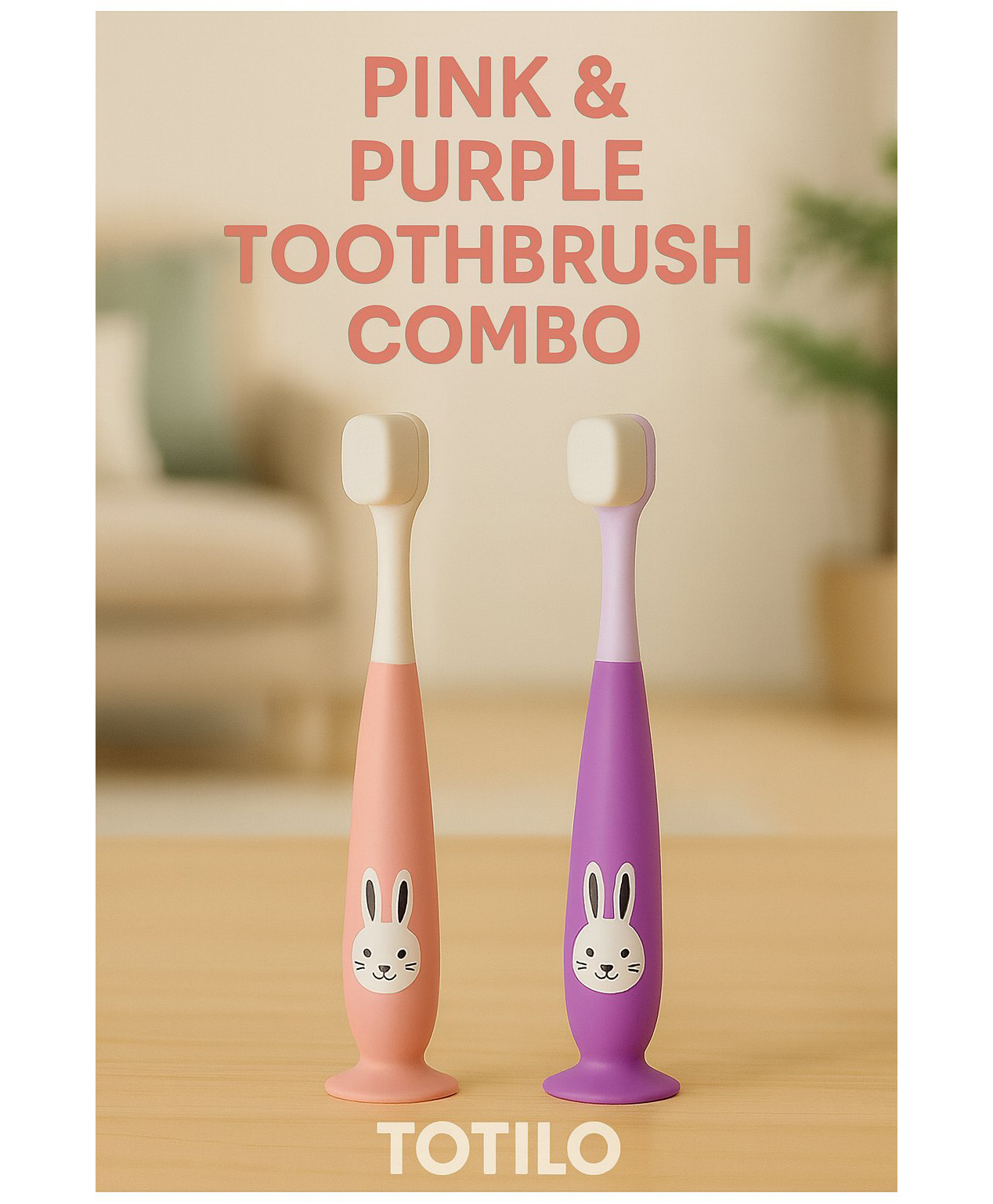 Totilo Kids Bunny Toothbrush with Soft Silicone Head, Blue and White, Stand - Up Base - Pink & Purple (Pack Of 2)-image-9