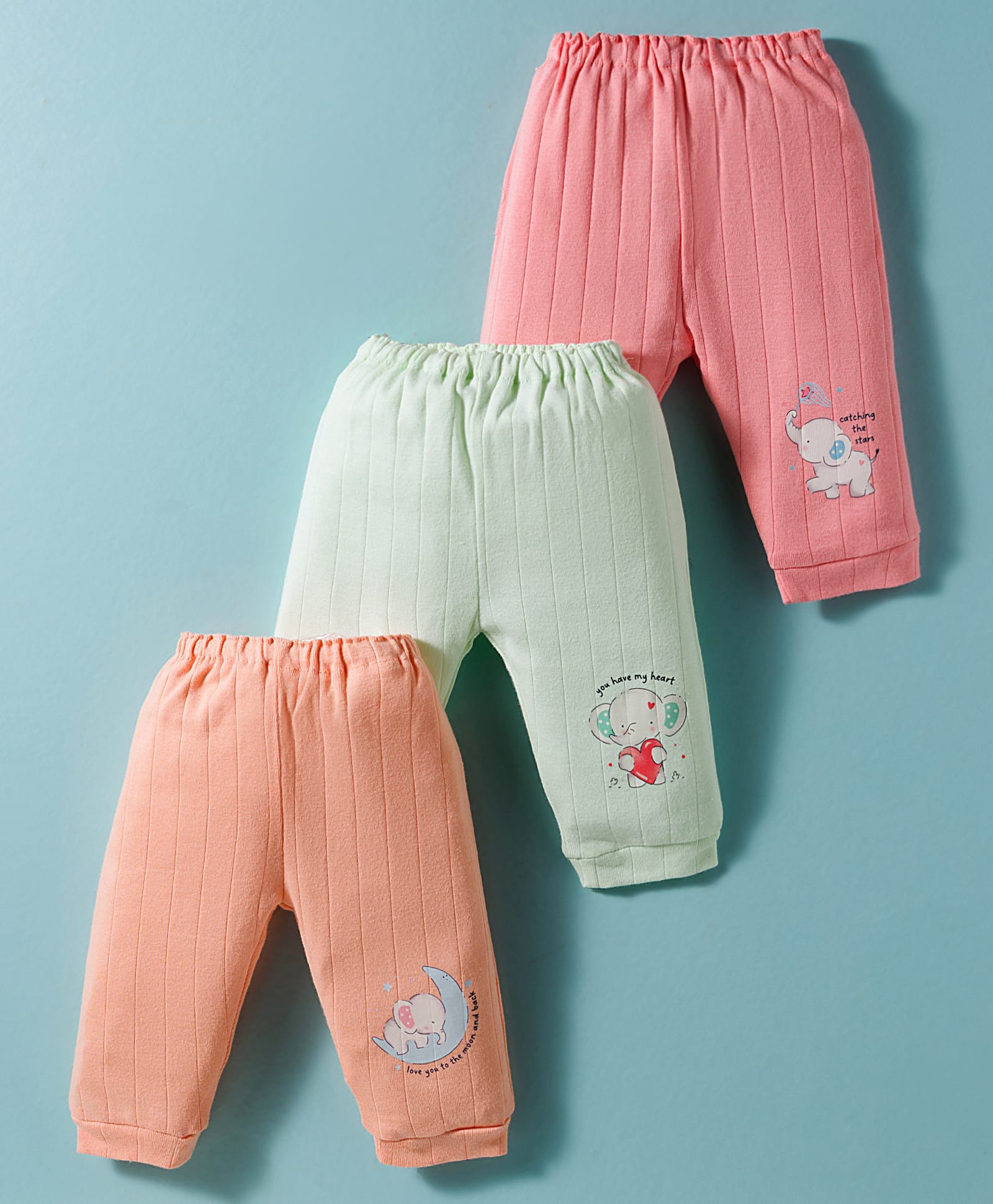 Simply Cotton Knit Full Length Lounge Pants With Animal Print Pack of 3 - Peach Pink & Mint Green-picture-26
