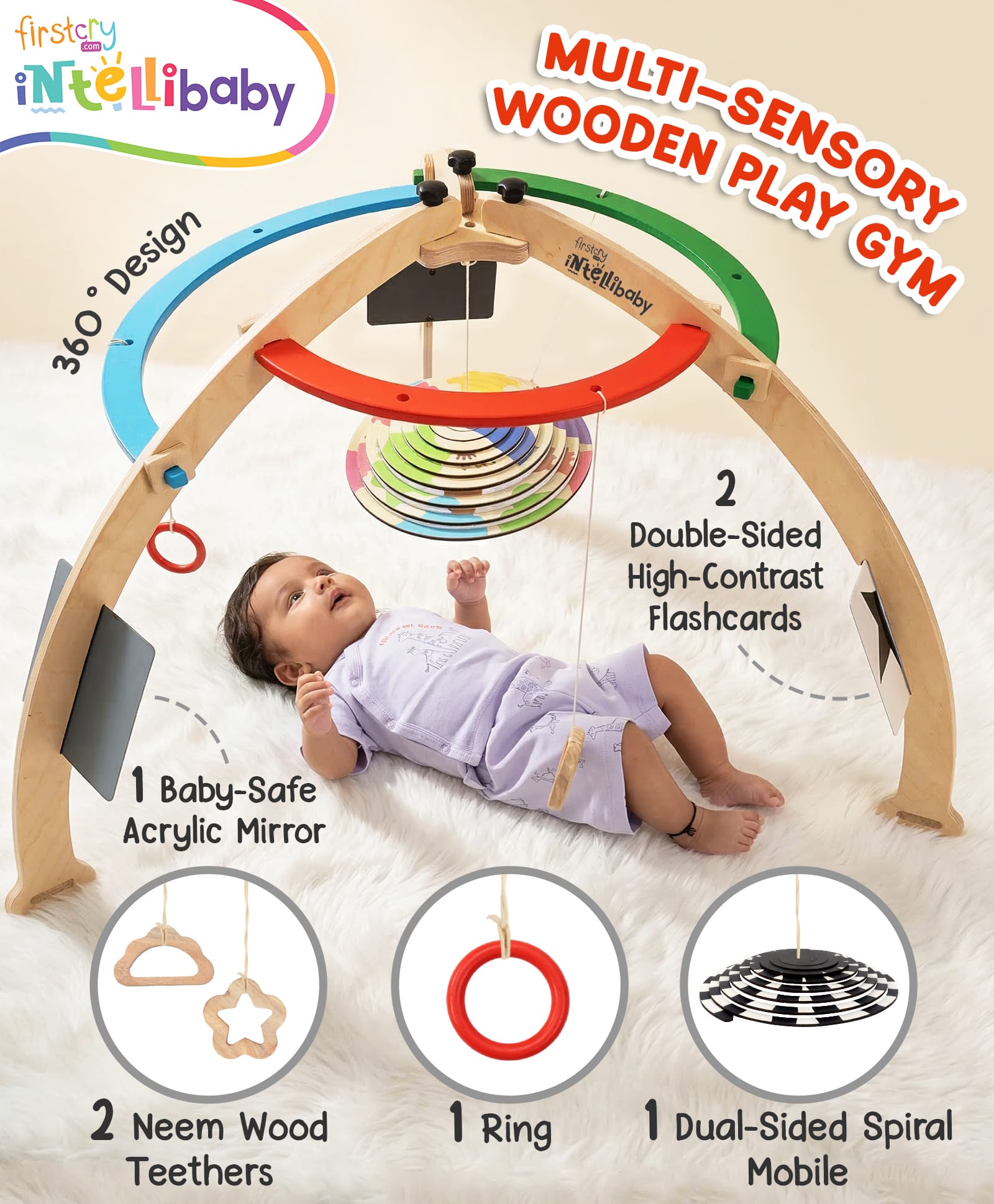 Intellibaby 10-in-1 Multi-Sensory Wooden Play Gym | Dual-Sided Spiral Mobile,Neem Wood Teethers,Ring,Black N' White Flashcards & Mirror |Paediatrician Approved |BIS Certified |For Gifting-image-5