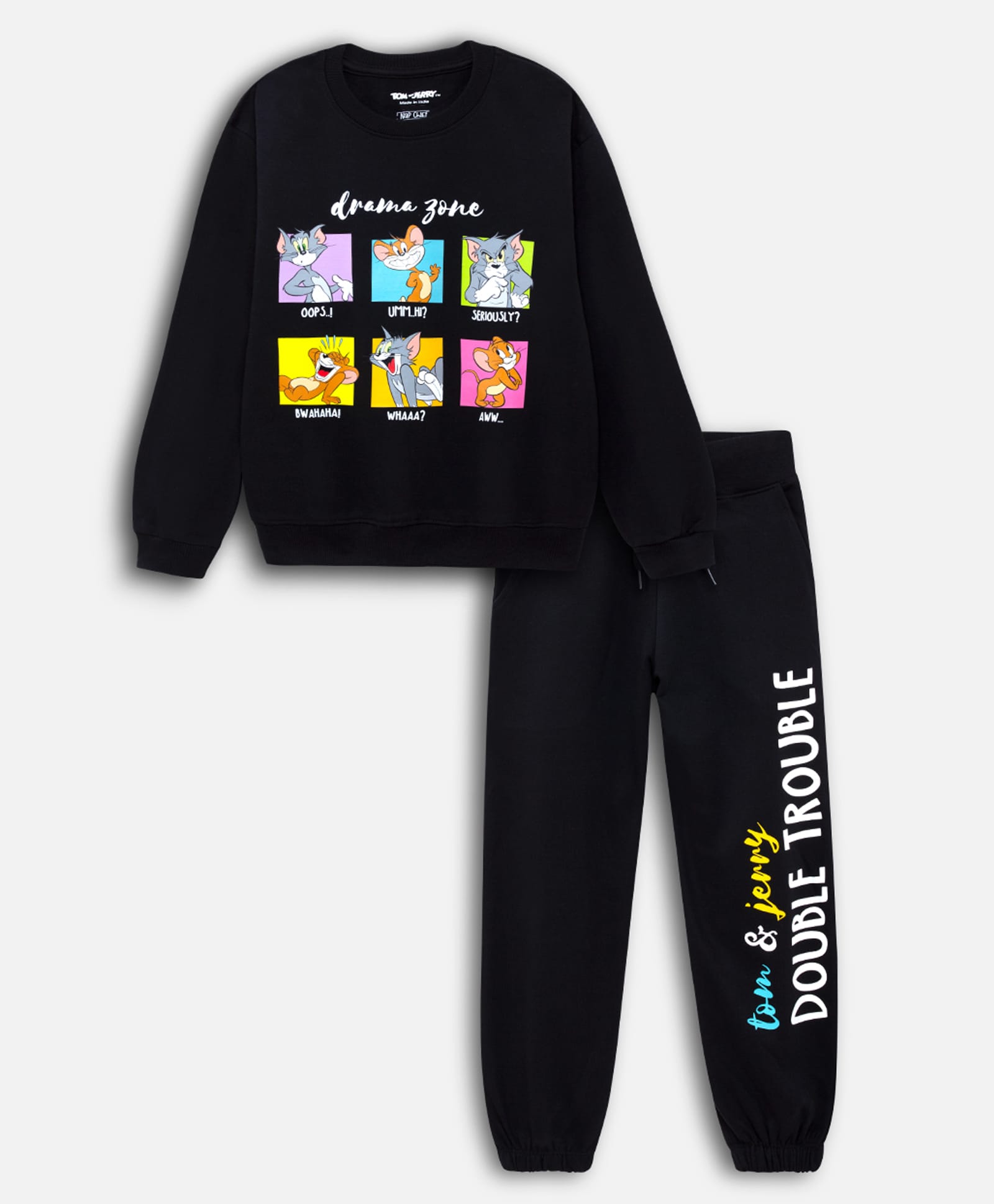 Nap Chief Pure Cotton Knit Warner Bros Featuring Full Sleeves Tom & Jerry Printed Relaxed Fit Winter Sweatshirt With Joggers Set - Jet Black-picture-32