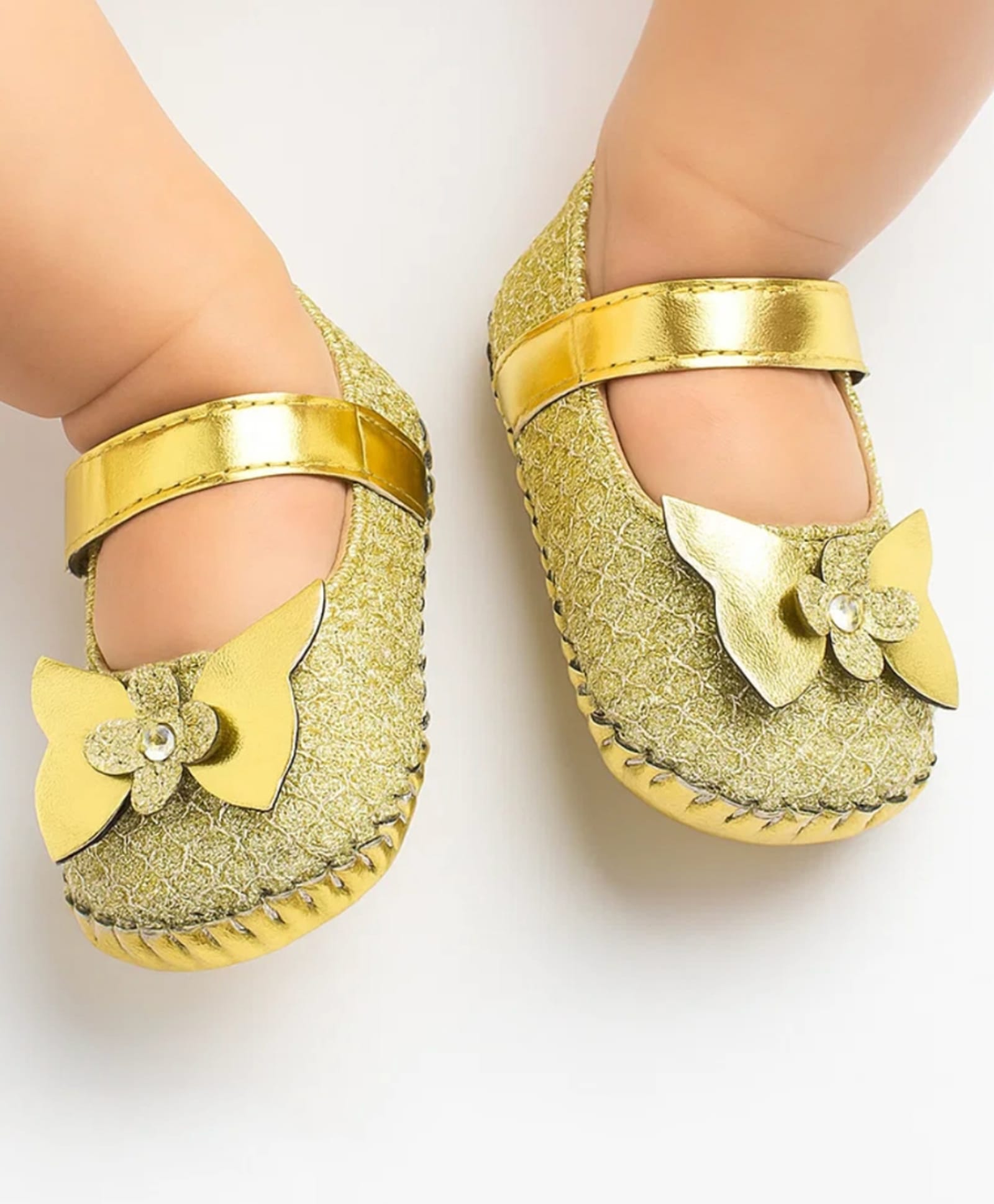 Neska Moda Butterfly Applique & Glittered Detailed Velcro Closure Mary Jane Ballerinas - Gold-picture-27