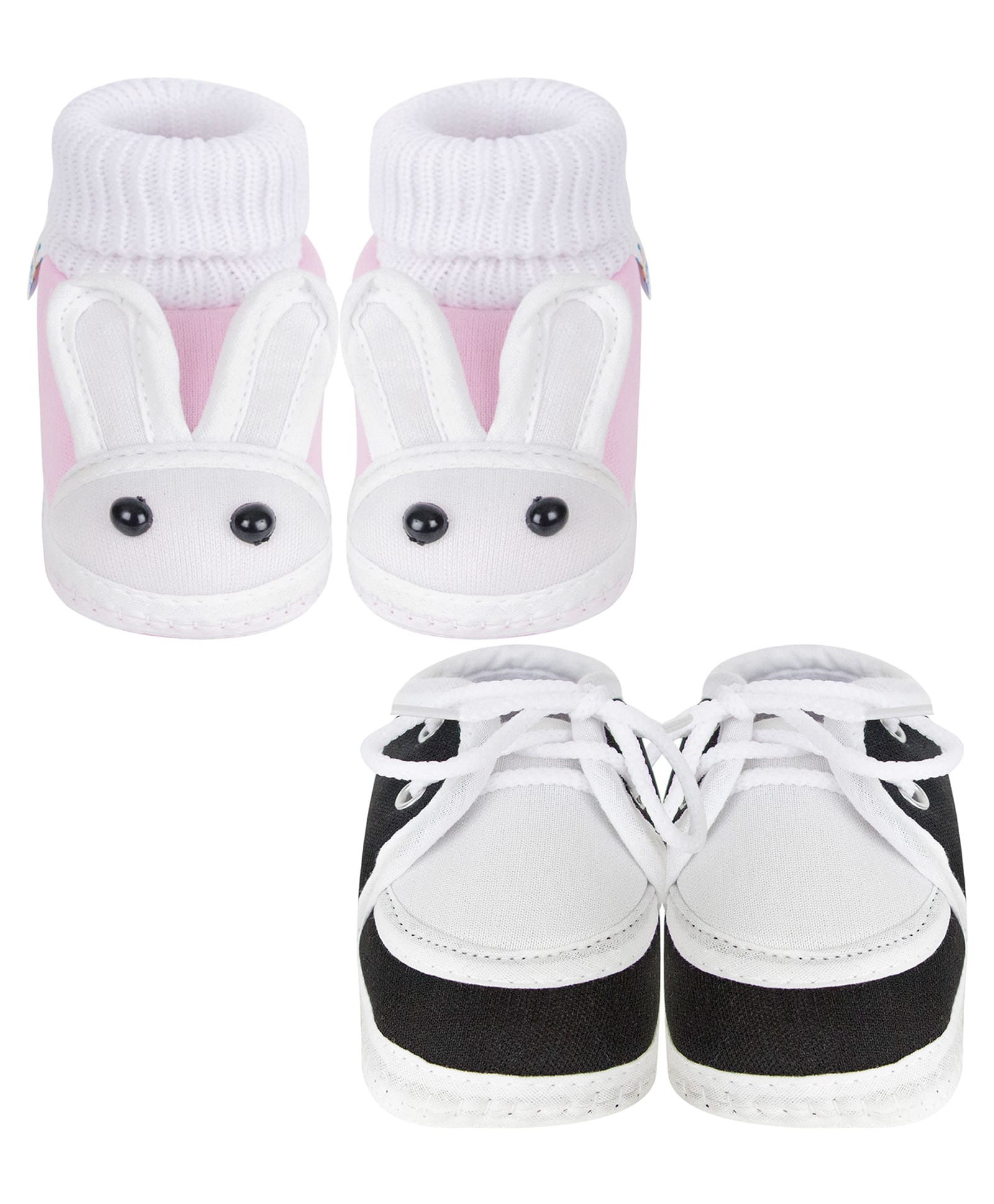 Neska Moda Cotton Pack Of 2 Pairs Bunny Applique Detailed Slip On & Solid Lace Up Booties - Baby Pink & Black-image-25