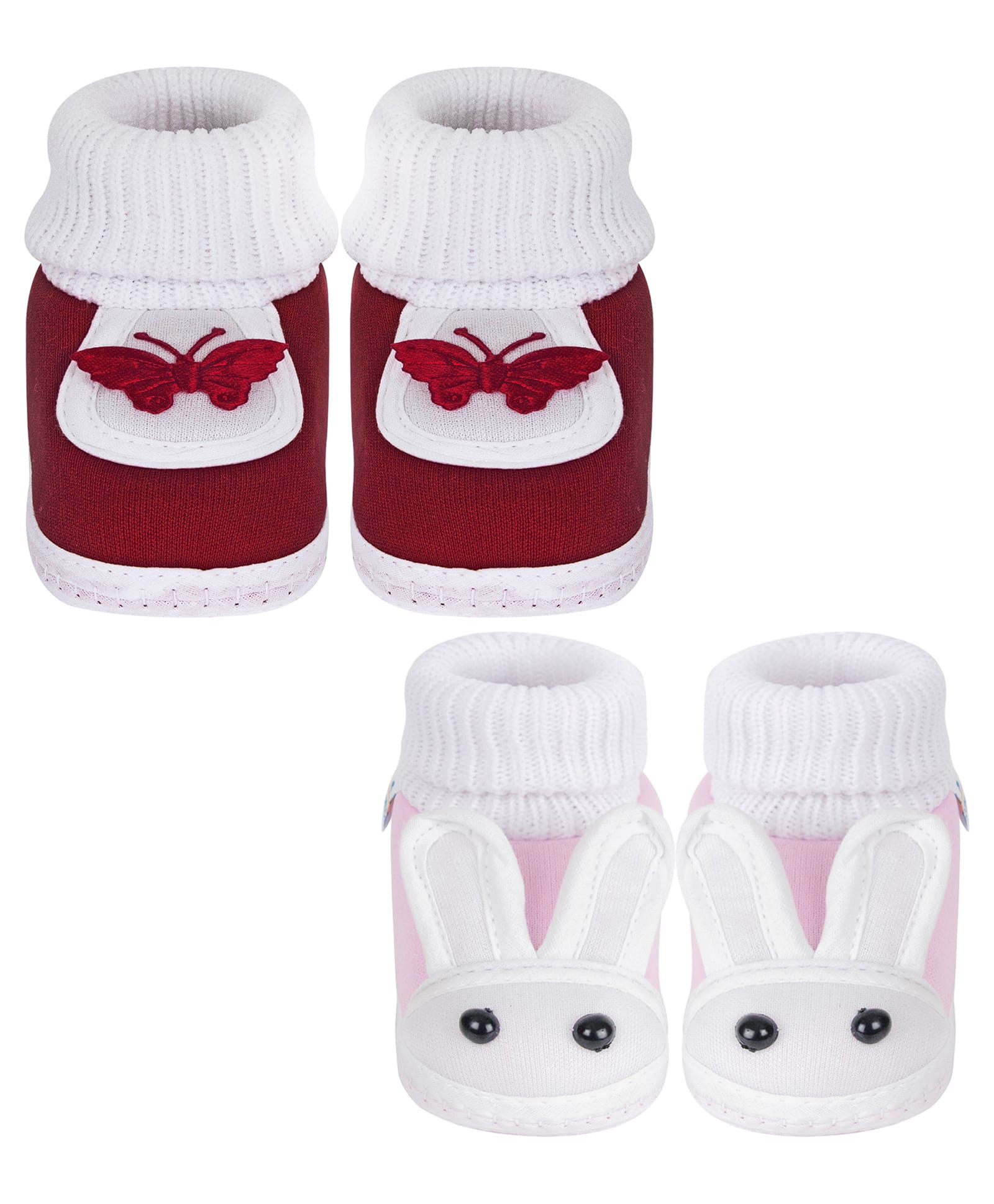 Neska Moda Cotton Pack Of 2 Butterfly & Bunny Applique Detailed Slip On Booties - Maroon & Baby Pink-image-7