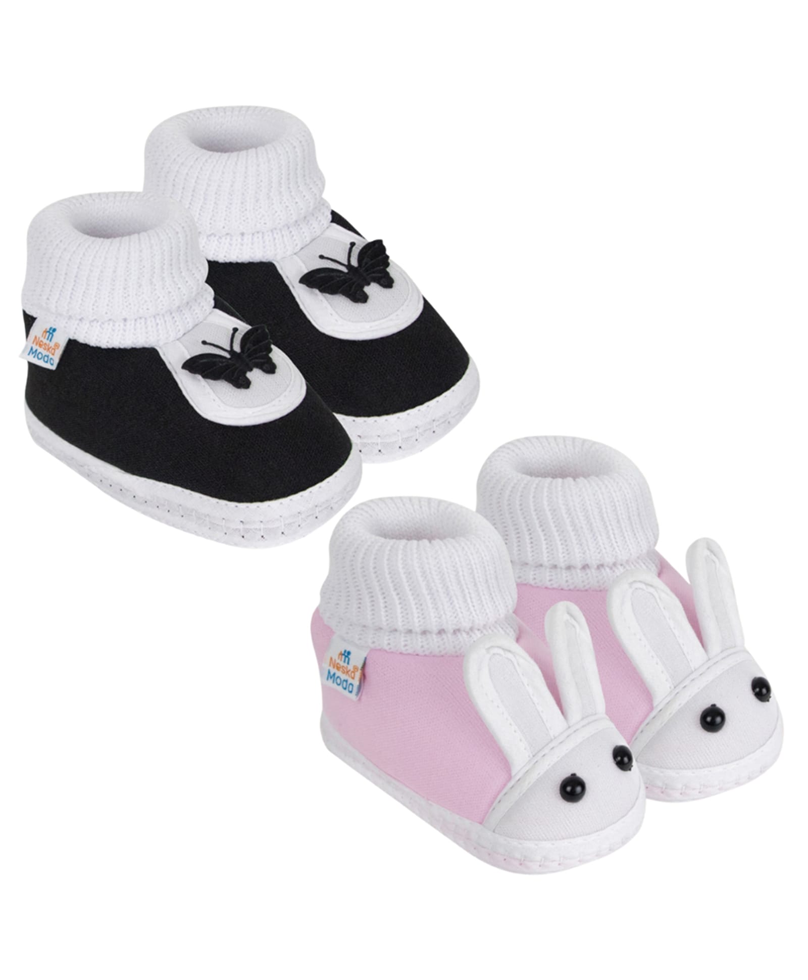 Neska Moda Cotton Pack Of 2 Butterfly & Bunny Applique Detailed Slip On Booties - Baby Pink & Black-image-24
