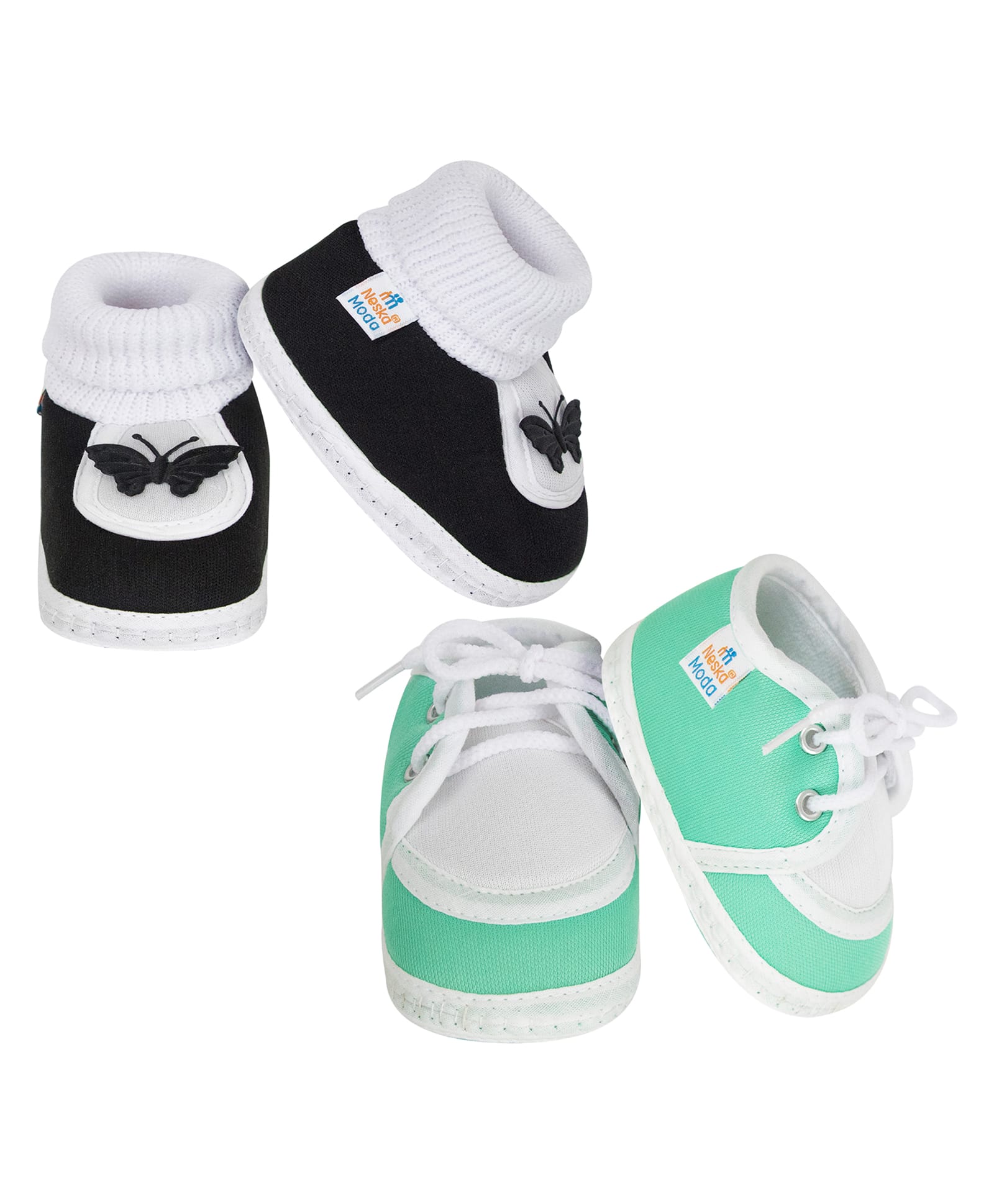 Neska Moda Cotton Pack Of 2 Butterfly Applique Detailed Slip On & Solid Lace Up Booties - Green & Black-picture-27