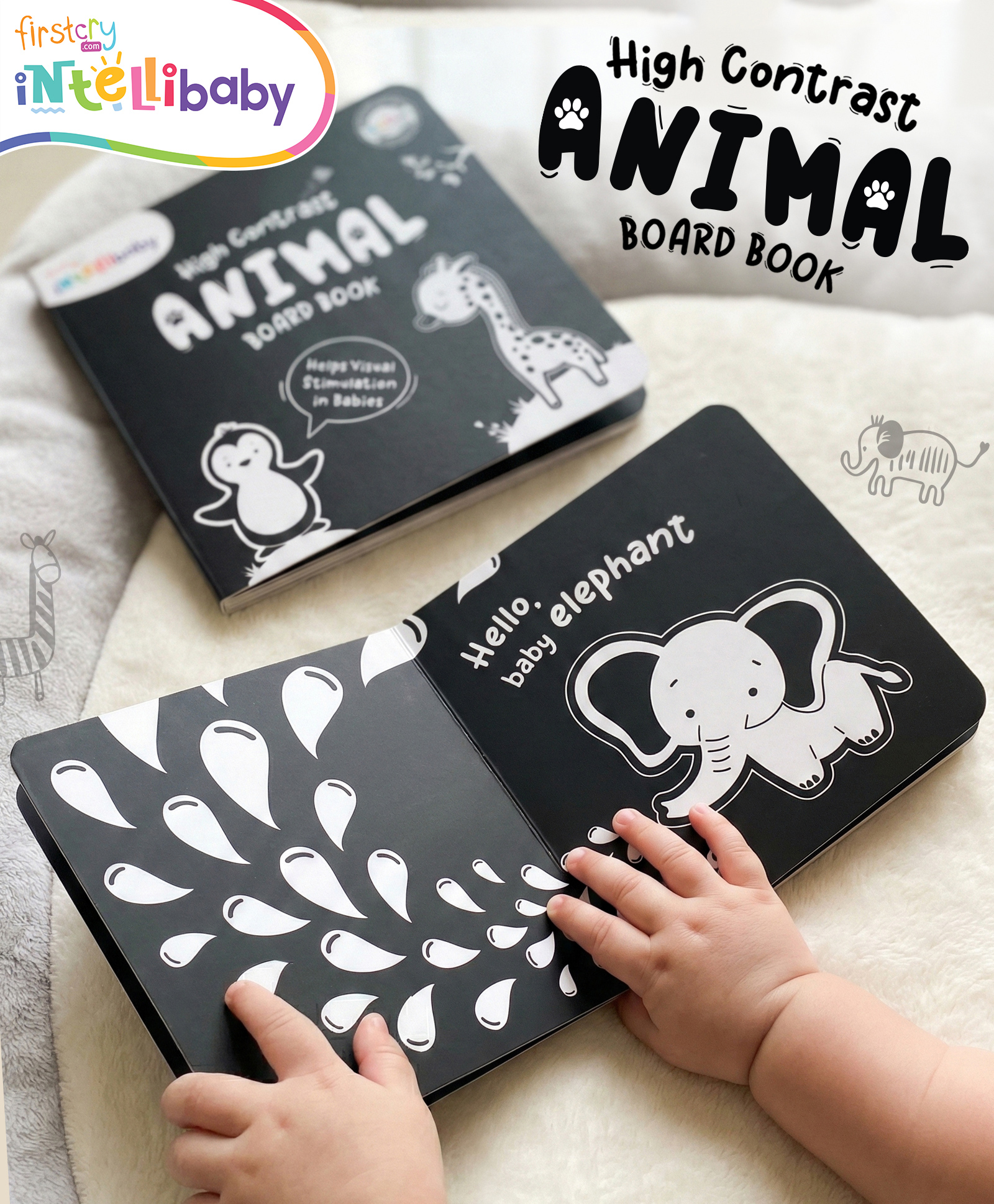 Intellibaby High Contrast Animal Board Book | Black N' White | Early Sensory Development | Newborn Visual Stimulation | Premium Quality | Baby Safe | BIS Certified | Educator Recommended | For Gifting
