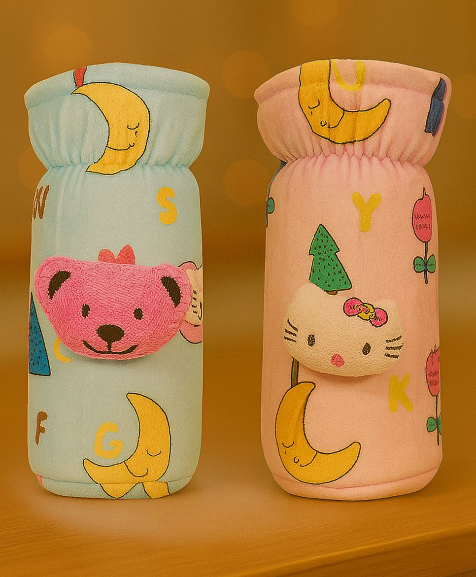 Totilo Soft & Durable Baby Feeding Bottle Cover Stretchable Soft Velvet Plush Cartoon Prints, Suitable UPTO 250ML - Pink & Blue (Pack of 2)-image-6