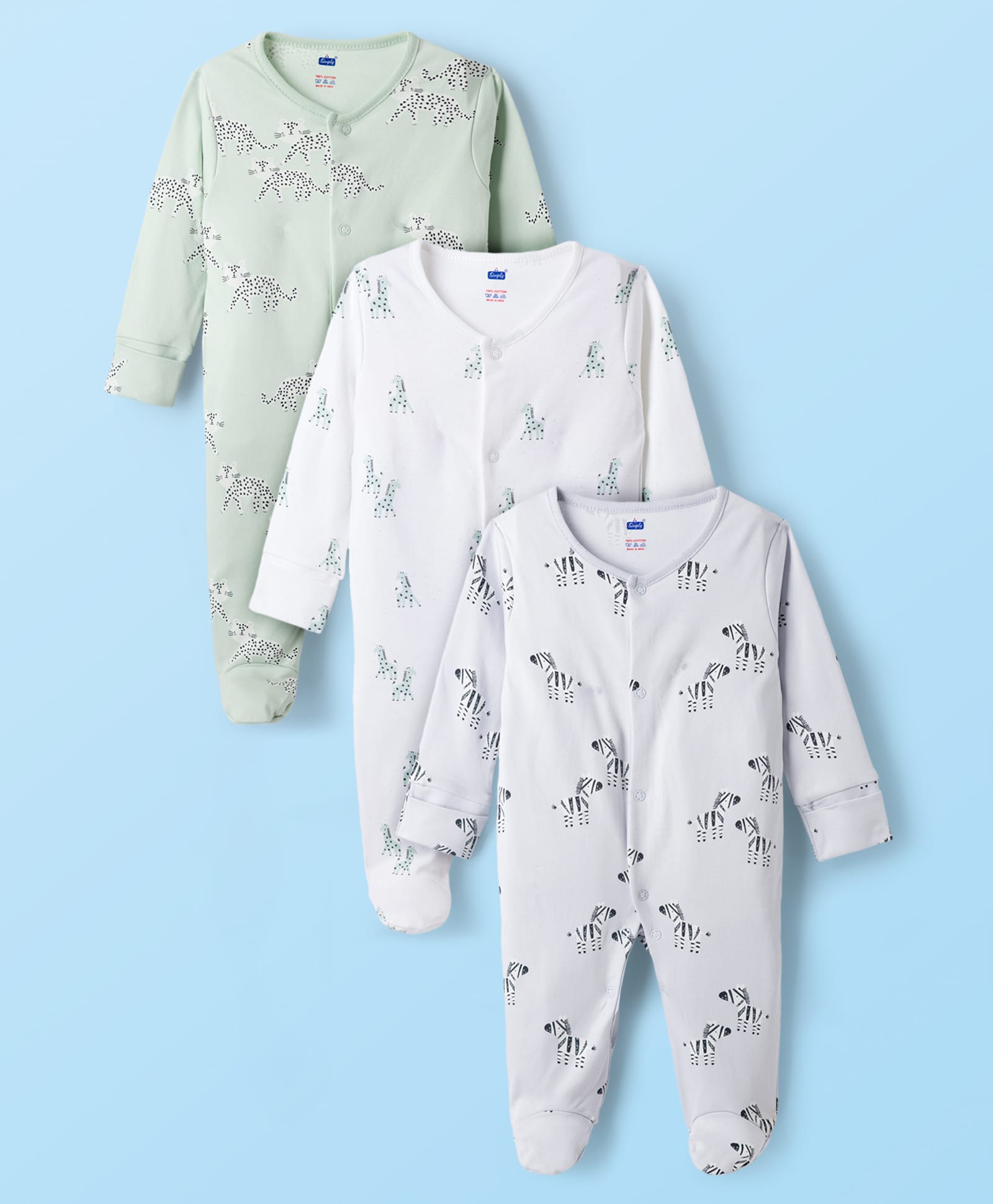 Simply Interlock Knit Full Sleeves Footed Sleepsuit With Animal Print - White Olive Green & Off White-picture-22