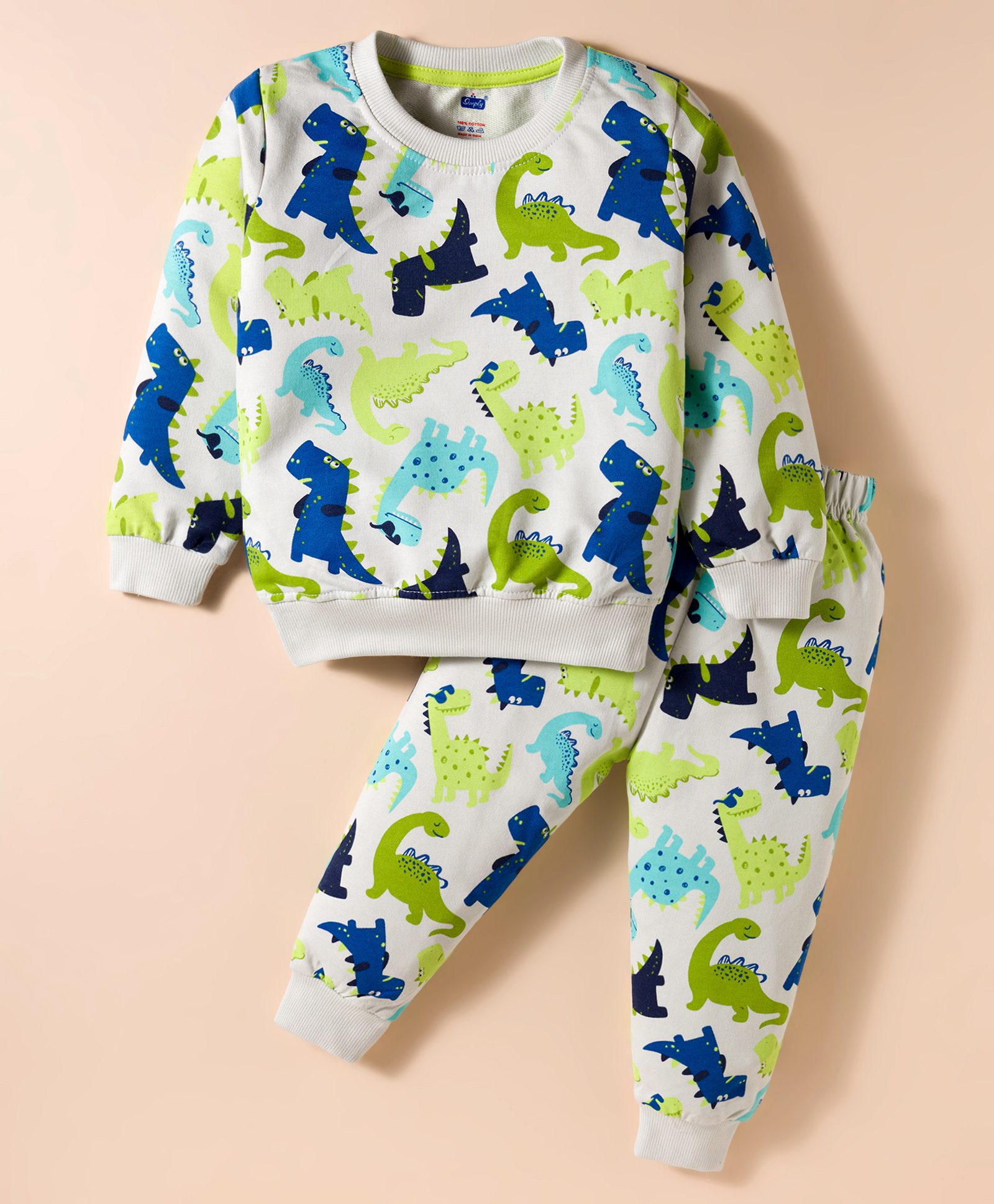 Simply Looper Knit Full Sleeves T-Shirt & Lounge Pant Co-ord Set With Dino Print - Off White-picture-12