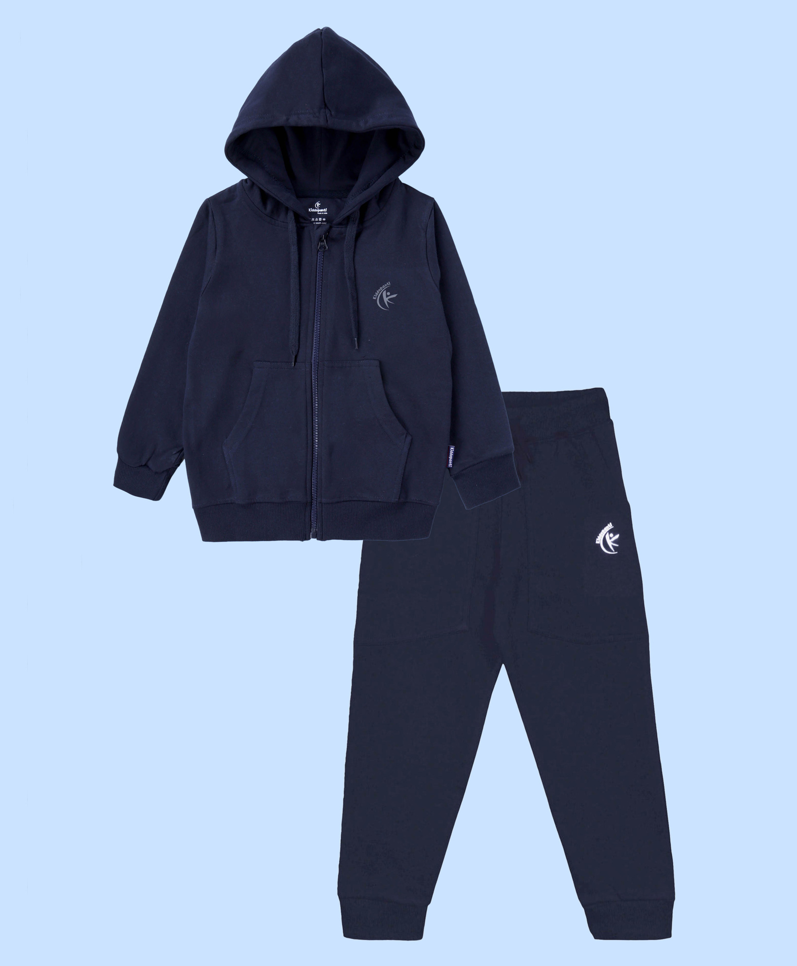 Kiddopanti Fleece Knit Full Sleeves Brand Logo Printed Light Winter Hooded Sweatshirt With Track Pants Set - Navy Blue-image-20