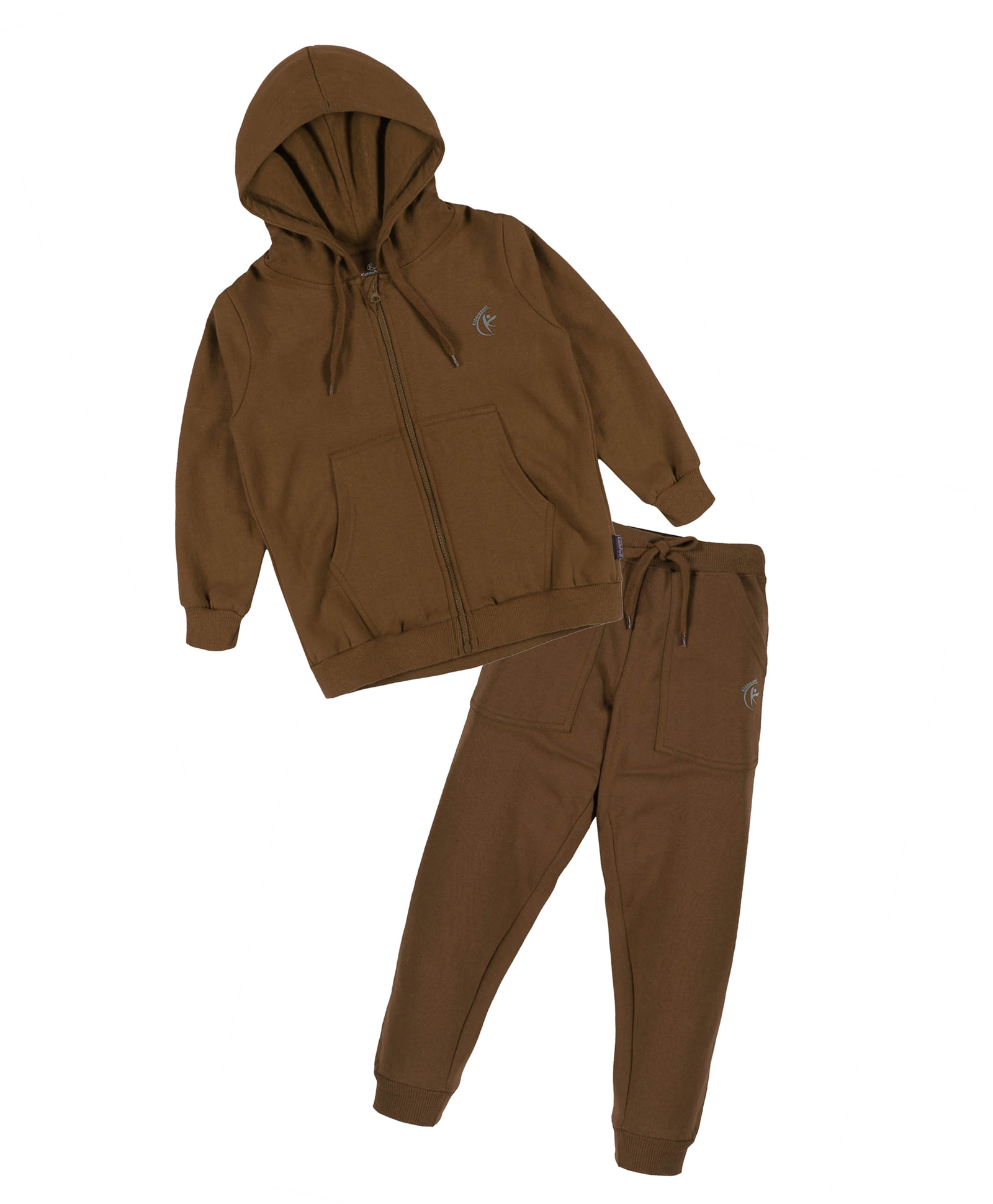 Kiddopanti Fleece Knit Full Sleeves Brand Logo Printed Light Winter Hooded Sweatshirt With Track Pants Set - Brown-image-16