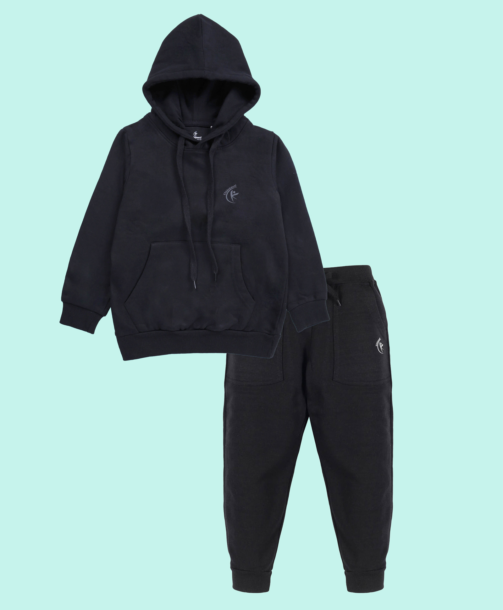 Kiddopanti Fleece Knit Full Sleeves Brand Logo Printed Light Winter Hooded Sweatshirt With Track Pants Set - Black-image-18