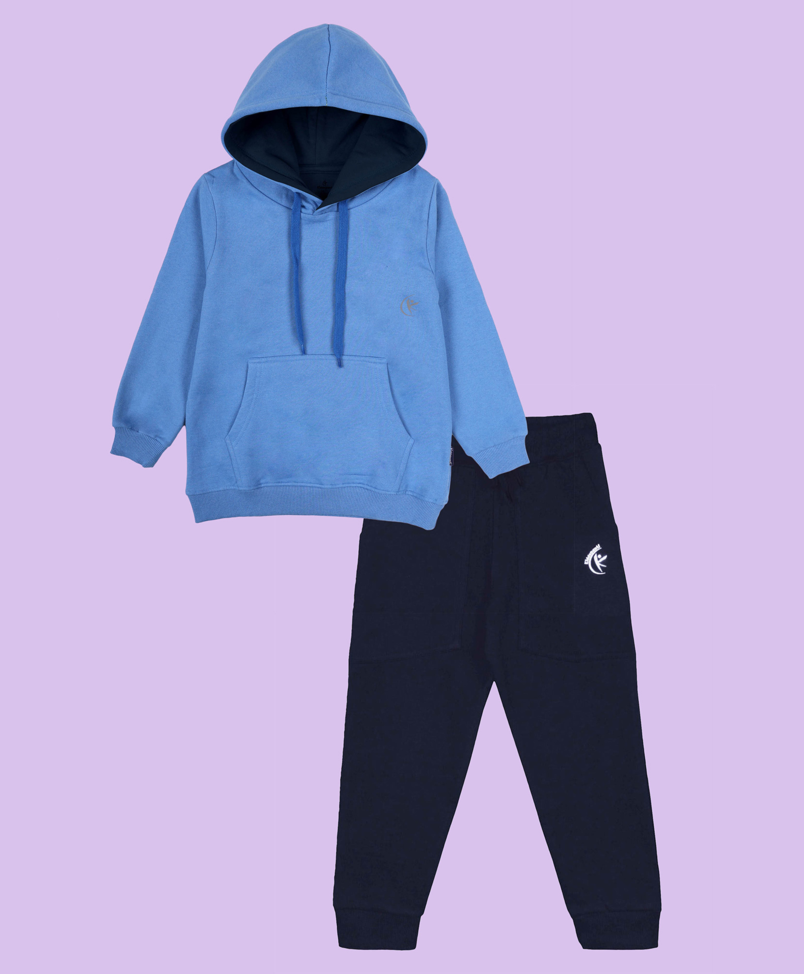 Kiddopanti Fleece Knit Full Sleeves Brand Logo Printed Light Winter Hooded Sweatshirt With Track Pants Set - Light & Navy Blue-image-14