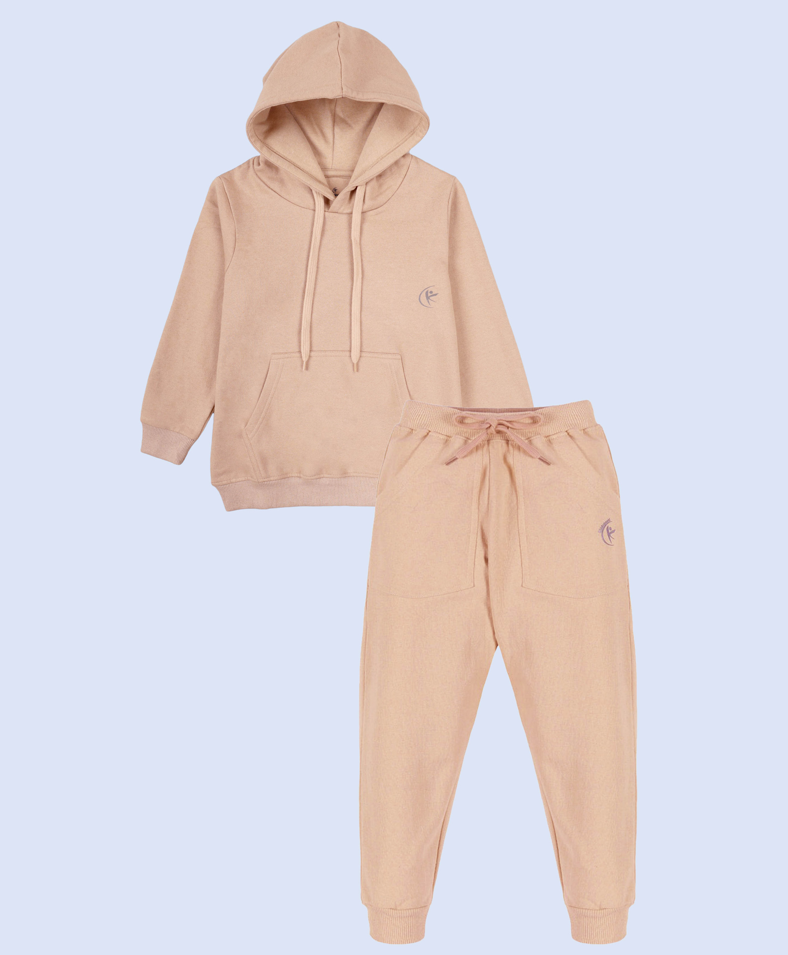 Kiddopanti Fleece Knit Full Sleeves Brand Logo Printed Light Winter Hooded Sweatshirt With Track Pants Set - Beige-image-28