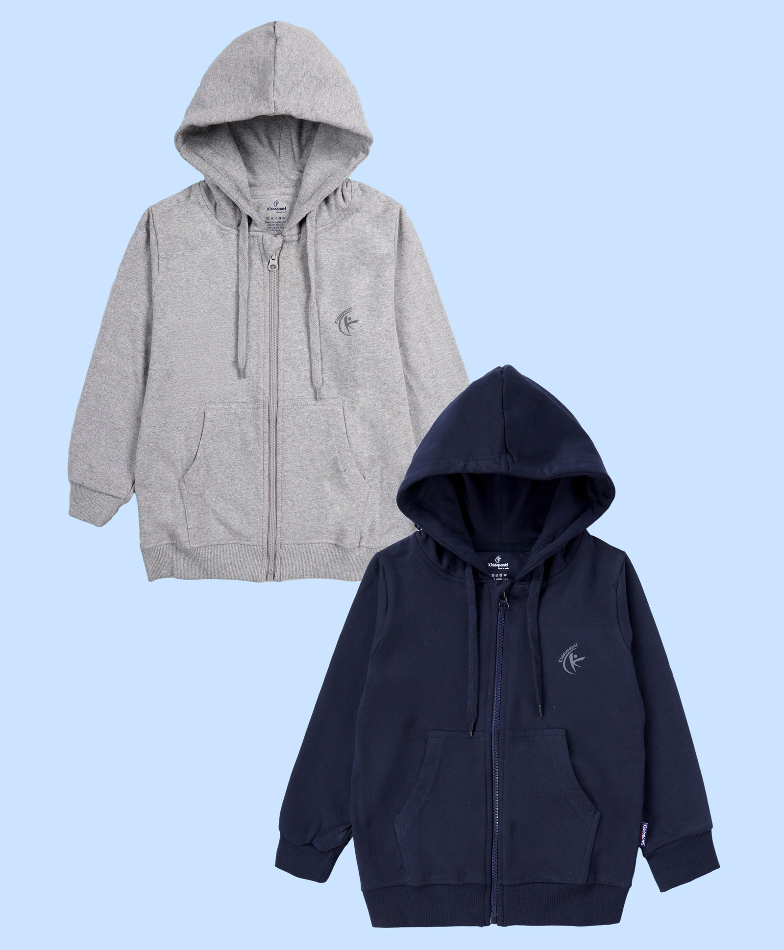 Kiddopanti Fleece Knit Pack Of 2 Full Sleeves Brand Logo Printed Light Winter Hooded Sweatshirts - Navy Blue & Grey Melange-picture-27