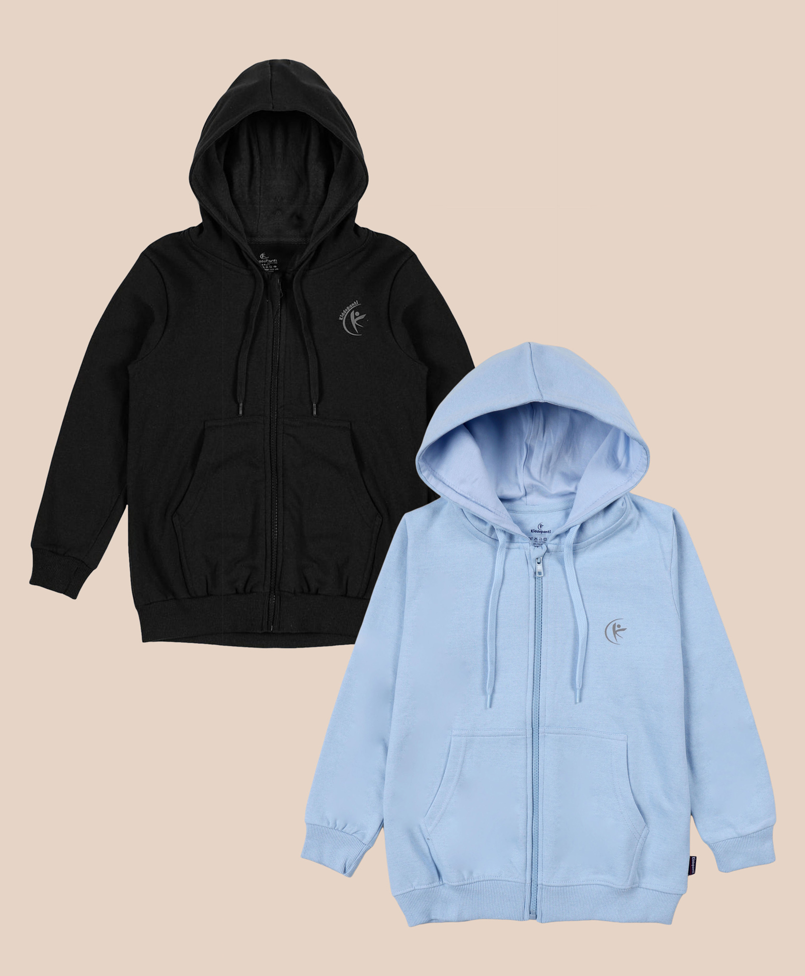 Kiddopanti Fleece Knit Pack Of 2 Full Sleeves Brand Logo Printed Light Winter Hooded Sweatshirts - Light Blue & Black-picture-30