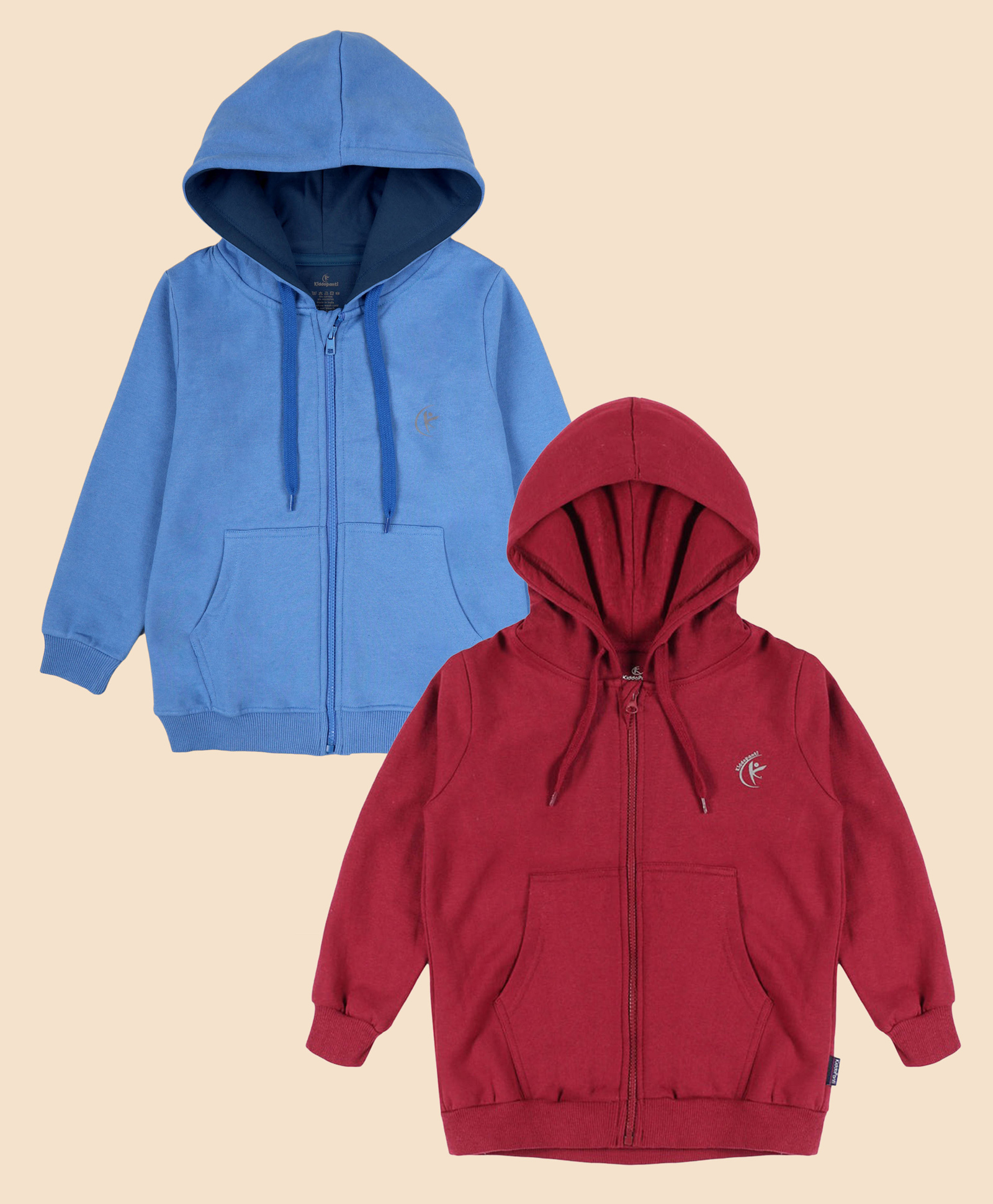 Kiddopanti Fleece Knit Pack Of 2 Full Sleeves Brand Logo Printed Light Winter Hooded Sweatshirts - Dusty Blue & Maroon-picture-24
