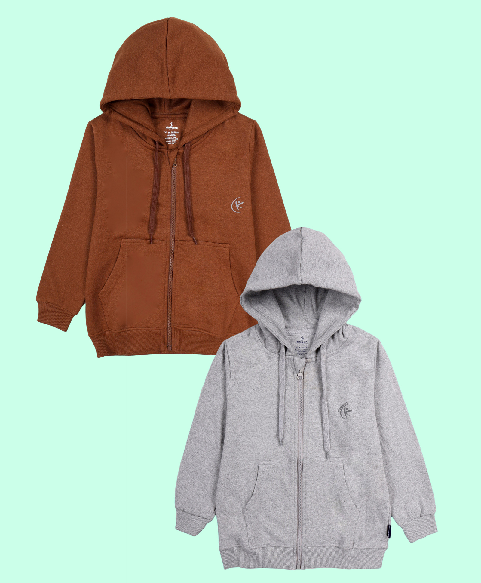 Kiddopanti Fleece Knit Pack Of 2 Full Sleeves Brand Logo Printed Light Winter Hooded Sweatshirts - Brown & Grey Melange-picture-26