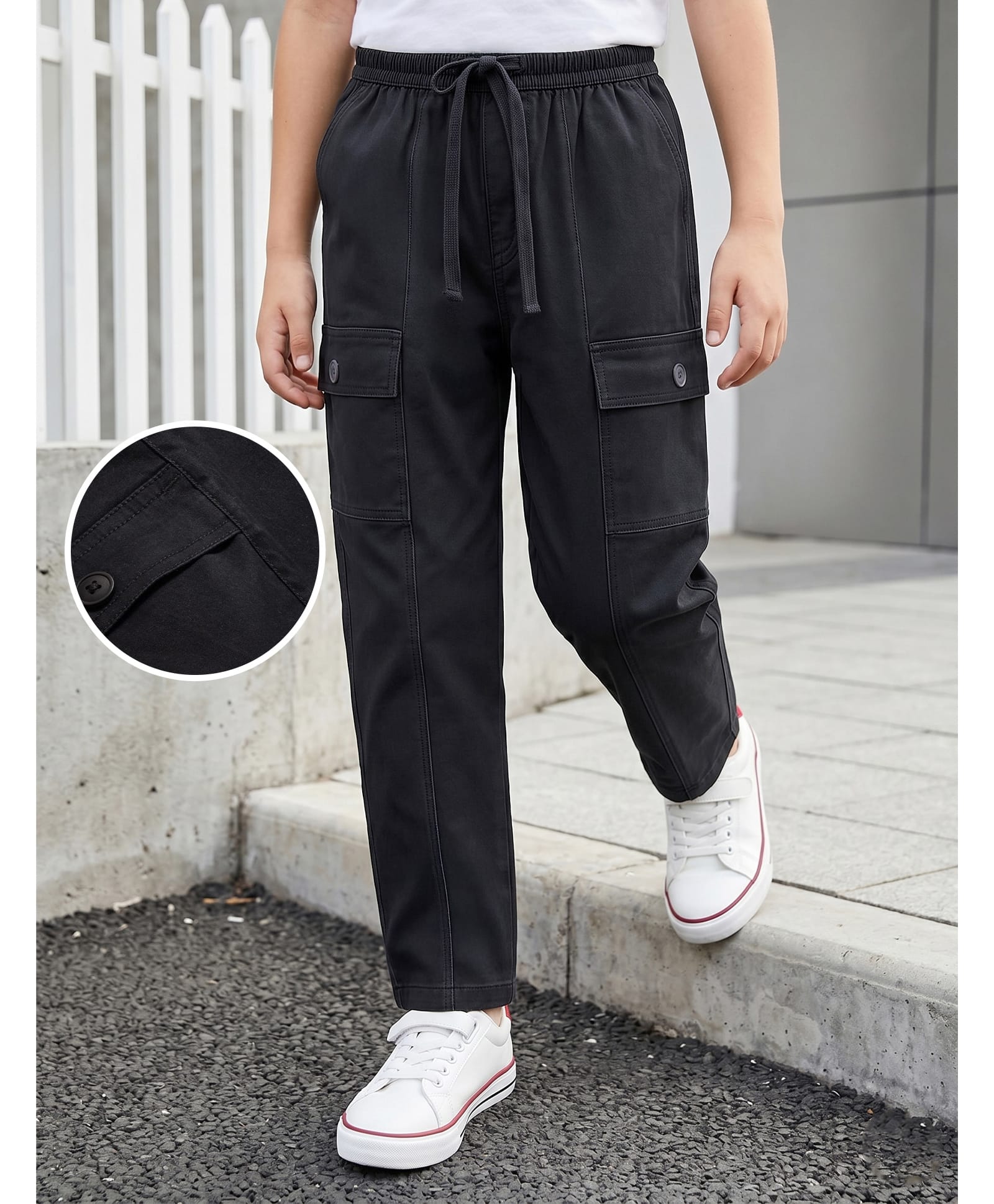 kookie kids india Kookie Kids Twill Woven Full Length Solid Colour Cargo Pant - Black-picture-19