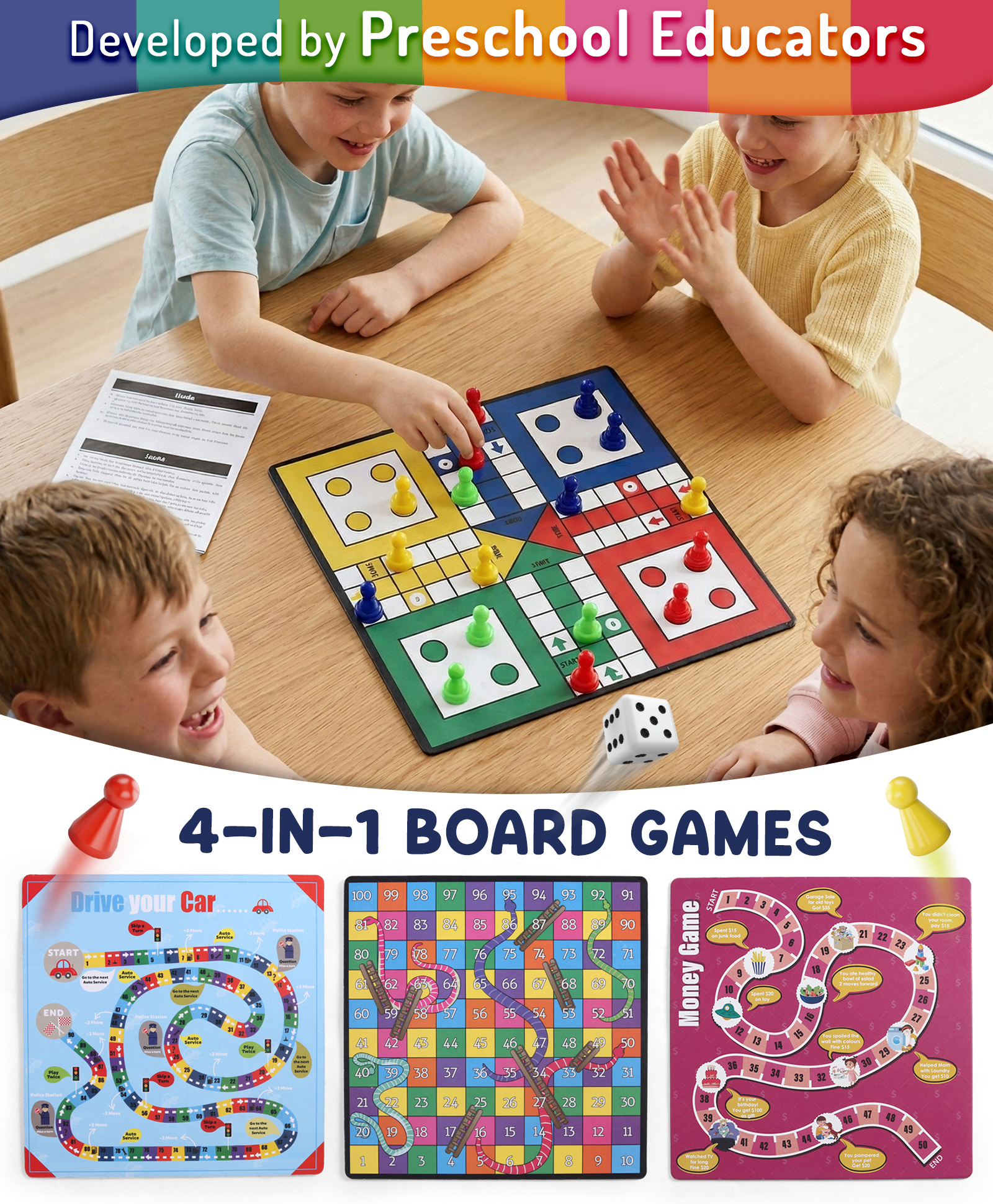 Intelliskills 4-in-1 Classic Board Games Box | Ludo, Snakes & Ladders, Drive Your Car, Money Game |2 Double-Sided Boards, 16 Pawns, 1 Dice, 1 Instruction Manual | Educator Recommended | BIS Certified-image-28