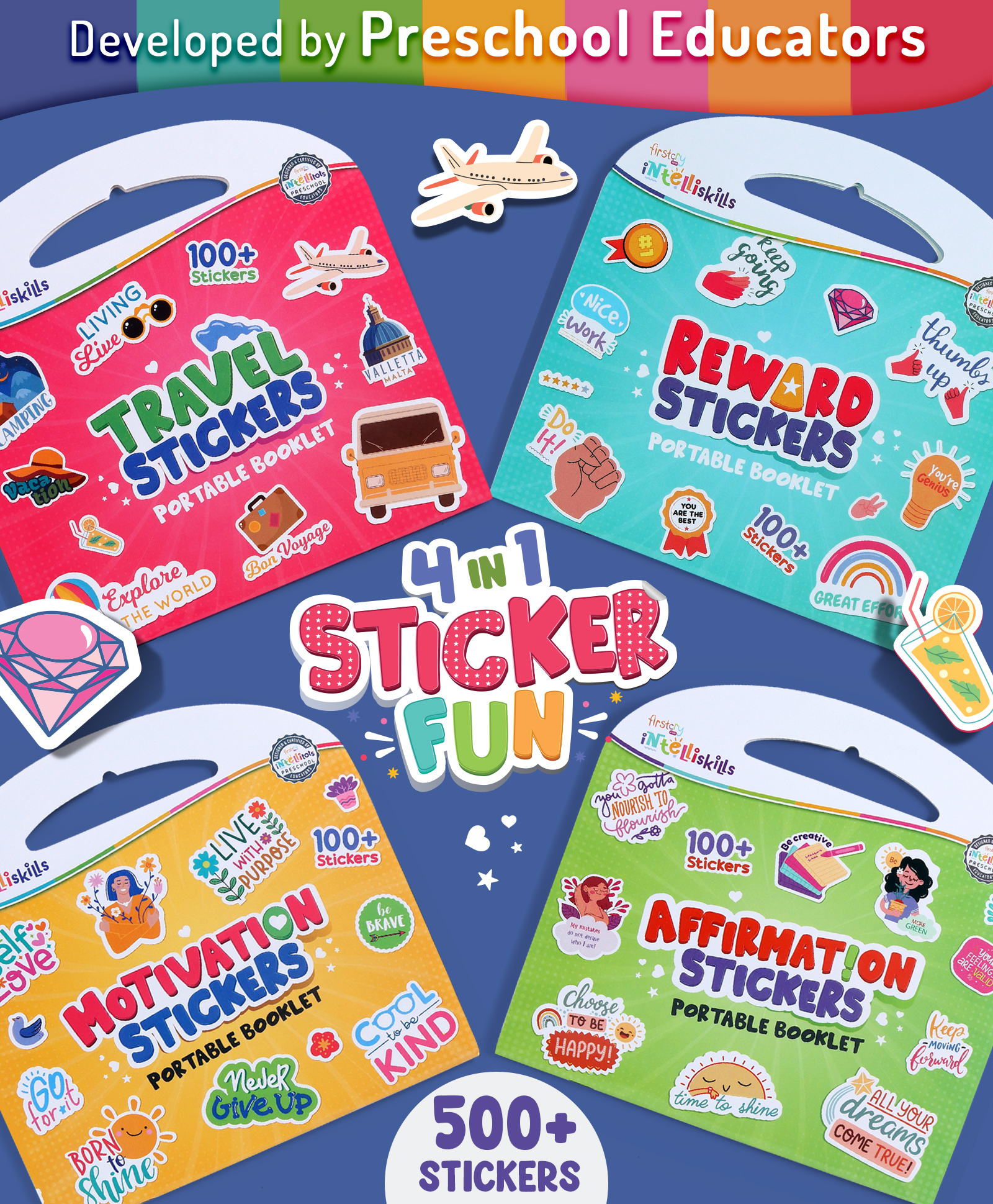 Intelliskills 4-in-1 Sticker Fun Set for Kids | 500+ Multicoloured Stickers | Travel, Reward, Affirmation & Motivation Individual Booklets | Educator Recommended | BIS Certified | Ideal For Gifting-picture-13