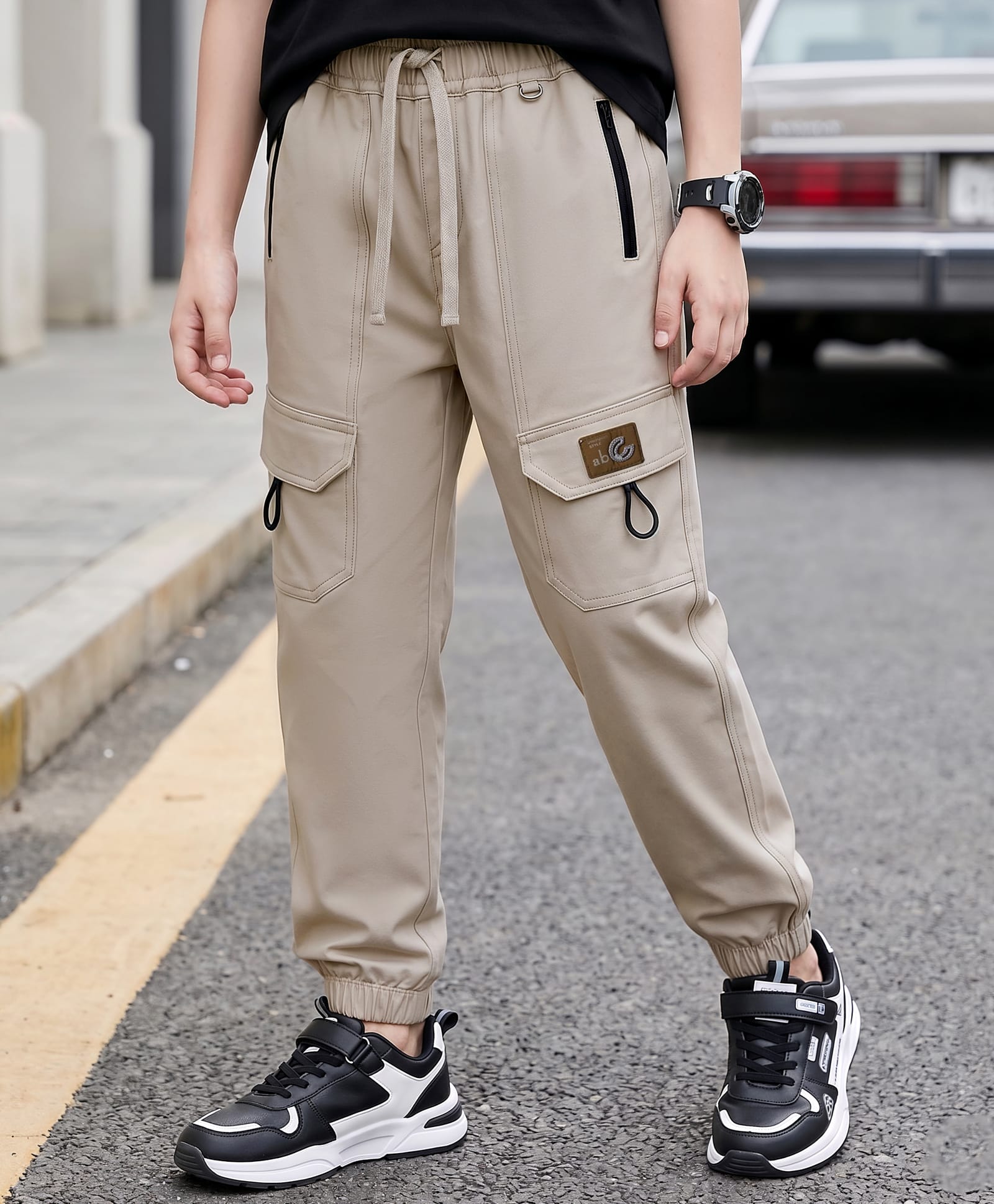 kookie kids india Kookie Kids Twill Woven Full Length Solid Colour Cargo Pant - Grey-picture-28