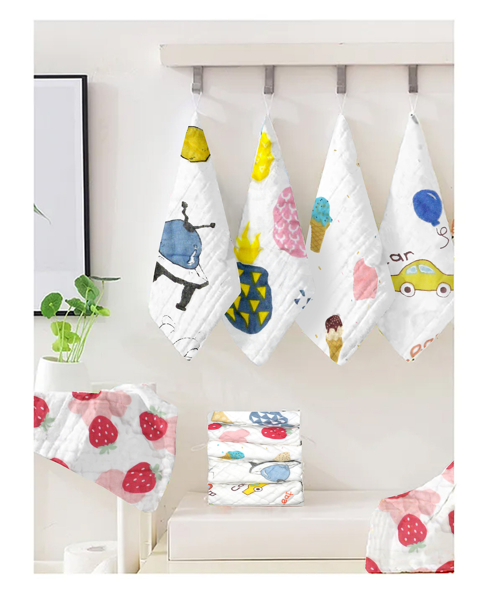 Honor Your Home Muslin Wash Cloth Towels Cum Wipes Multi Print Pack of 5 - White-image-19