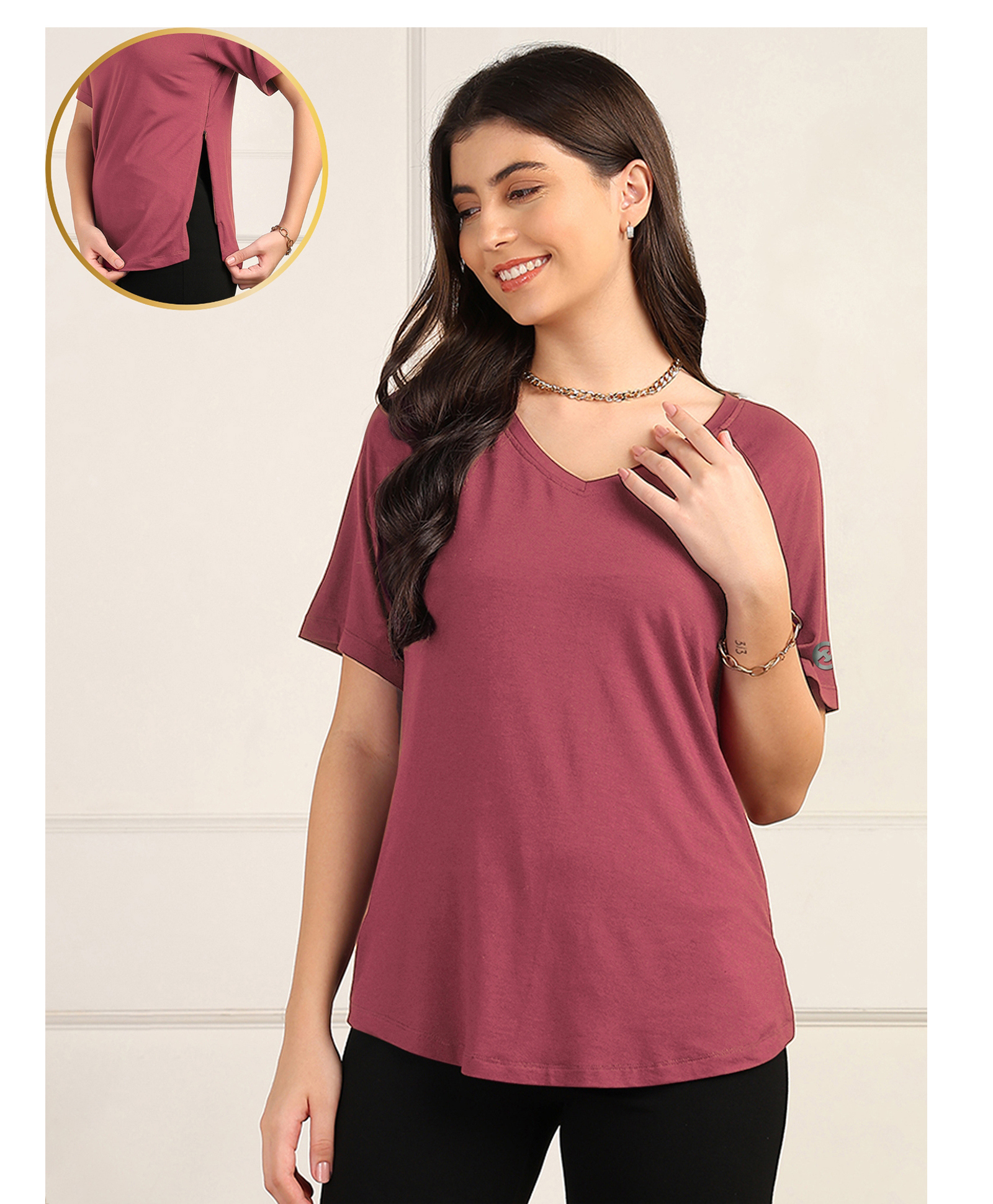 Zelena 95% Viscose 5% Half Sleeves Solid Maternity Top With Side Open Nursing Access - Dusty Rose-picture-19