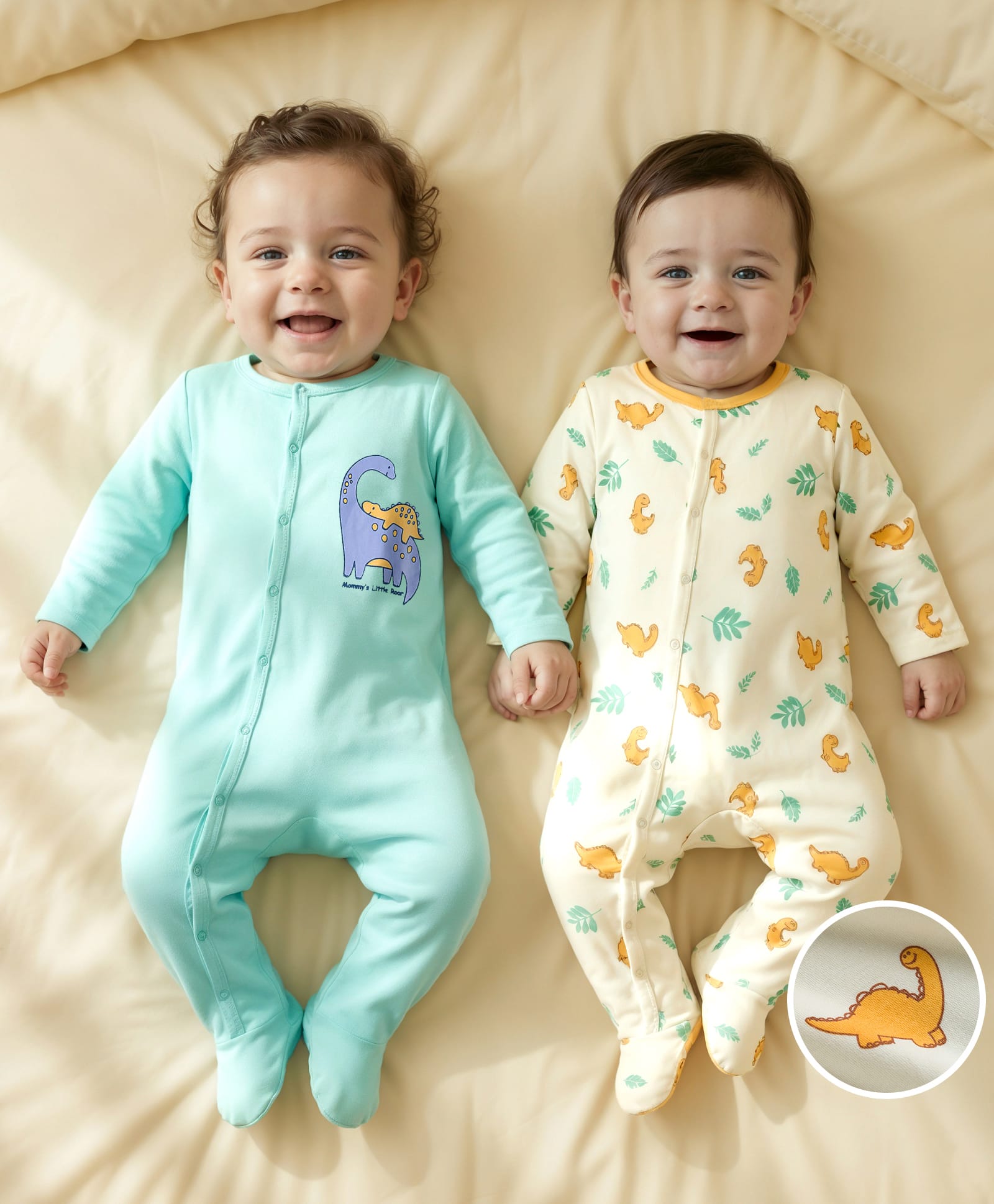 Babyoye Interlock Knit Full Sleeves Footed Sleepsuit With Dino Print Pack Of 2 - Aqua & White-picture-27