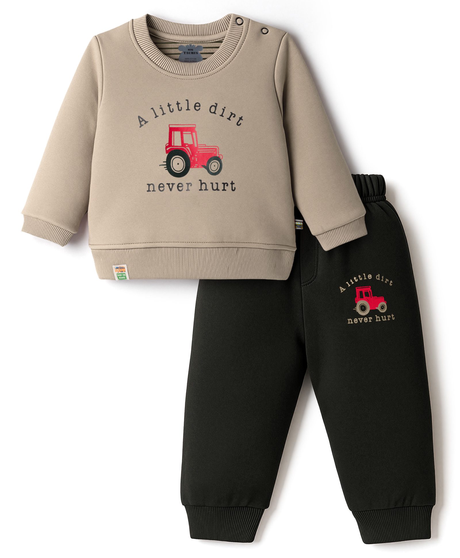 Mini Taurus Interlock Knit Full Sleeves T-Shirt & Lounge Pant Set With Vehicle Print - Rust Beige-image-17