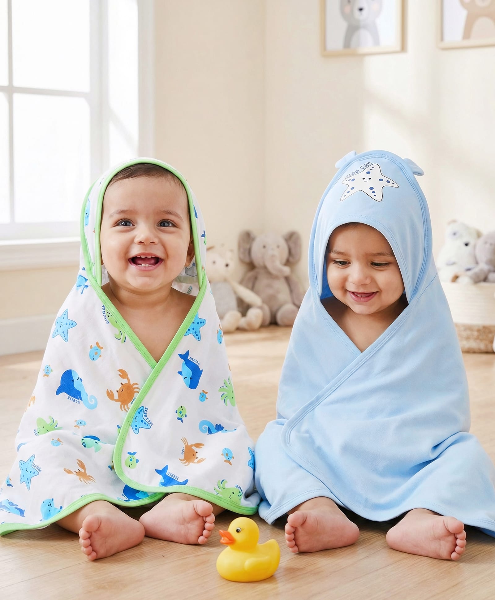 Babyoye 100% Cotton Woven Hooded Towels with Sea Life Print & Ear Applique Pack of 2 L 80 x B 80 cm - Light Blue & White-image-48