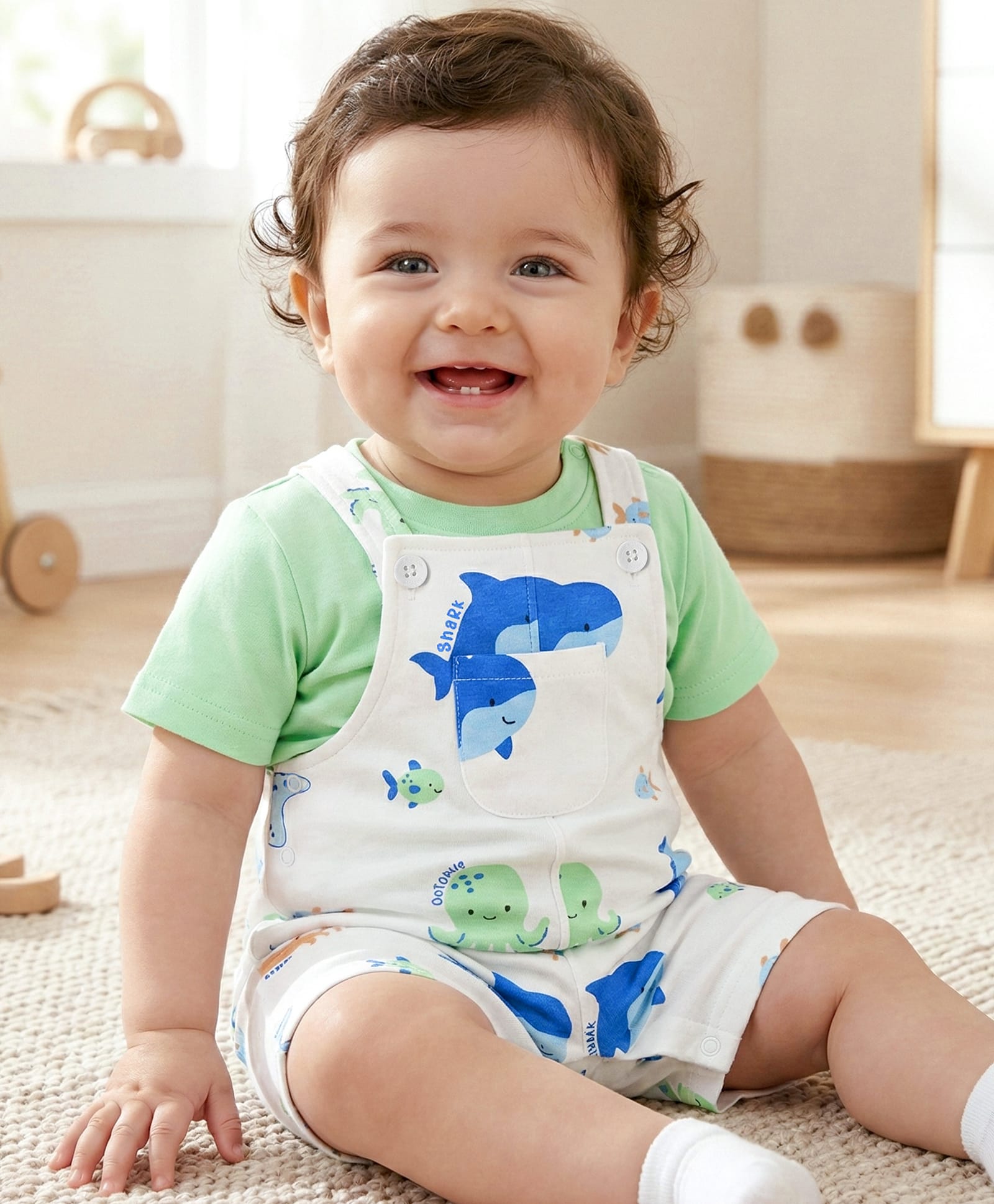 Babyoye 100% Cotton Knit Dungaree & Half Sleeves Inner Tee With Sea Animals Print - White & Green-image-16