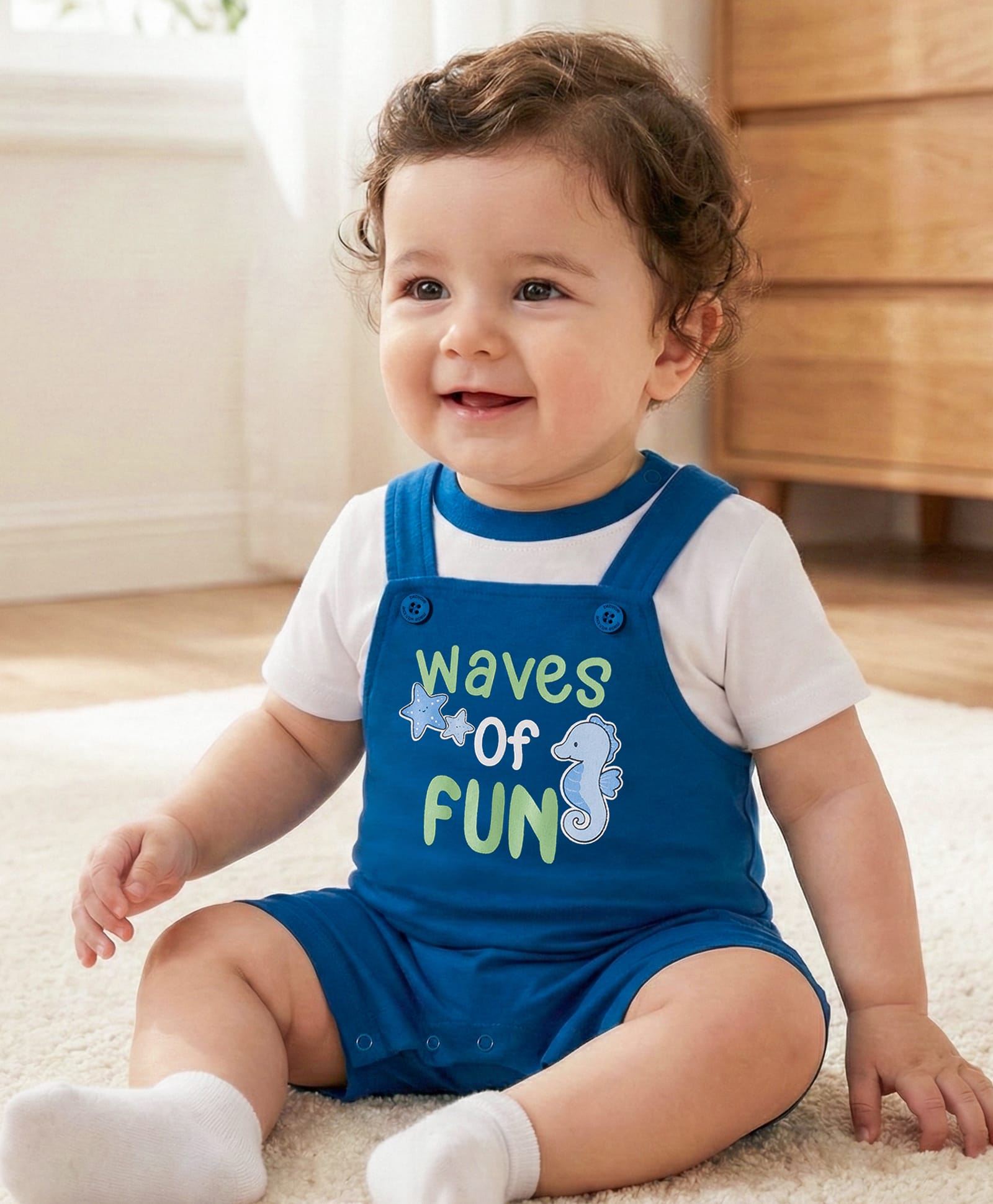 Babyoye 100% Cotton Knit Half Sleeves Romper with Text Print - Navy Blue & White-image-33