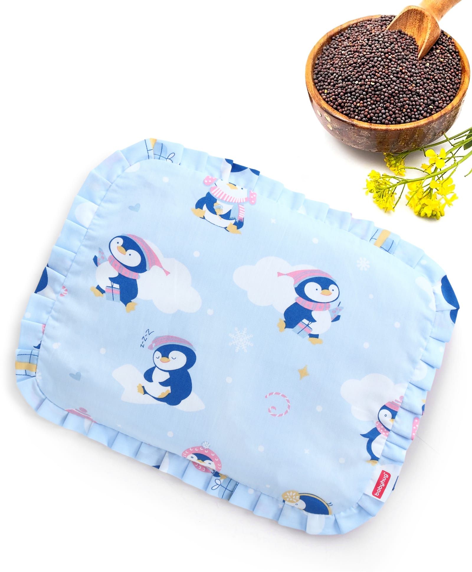 Babyhug Head Shaping Mustard Seed Pillow Penguin Print - Blue| 1 Kg Natural Rai| Cotton Removable Cover| Natural Warming Property|Prevents Cold & Flat Head Syndrome| NewBorn Neck & Shoulder Support-image-44