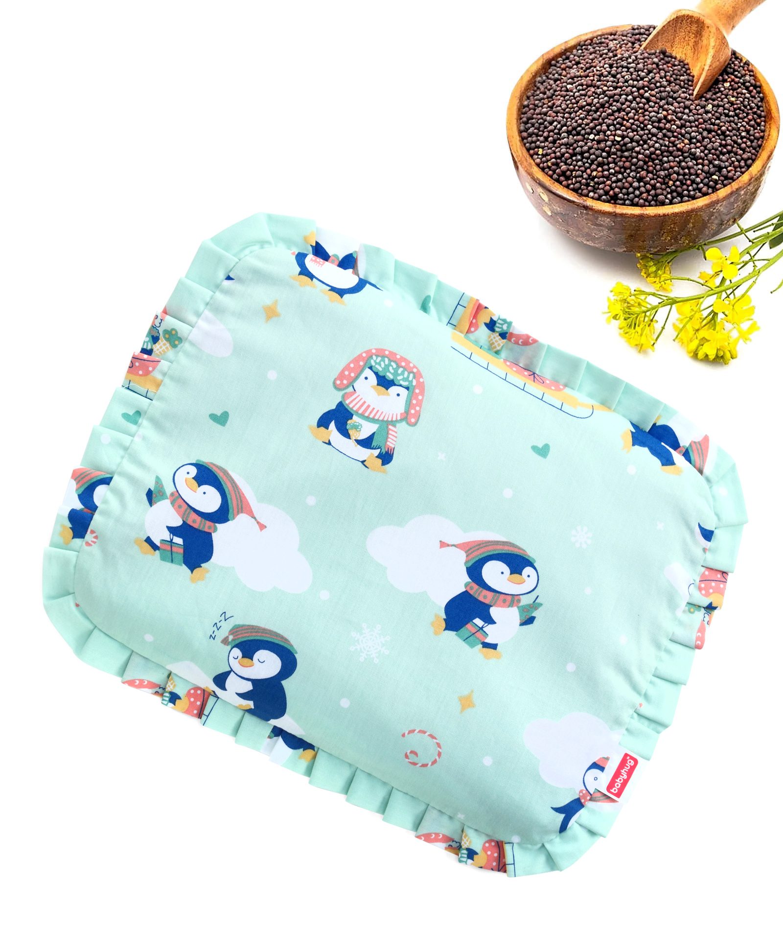 Babyhug Head Shaping Mustard Seed Pillow Penguin Print - Green| 1 Kg Natural Rai| Cotton Removable Cover| Natural Warming Property|Prevents Cold & Flat Head Syndrome| NewBorn Neck & Shoulder Support-image-42