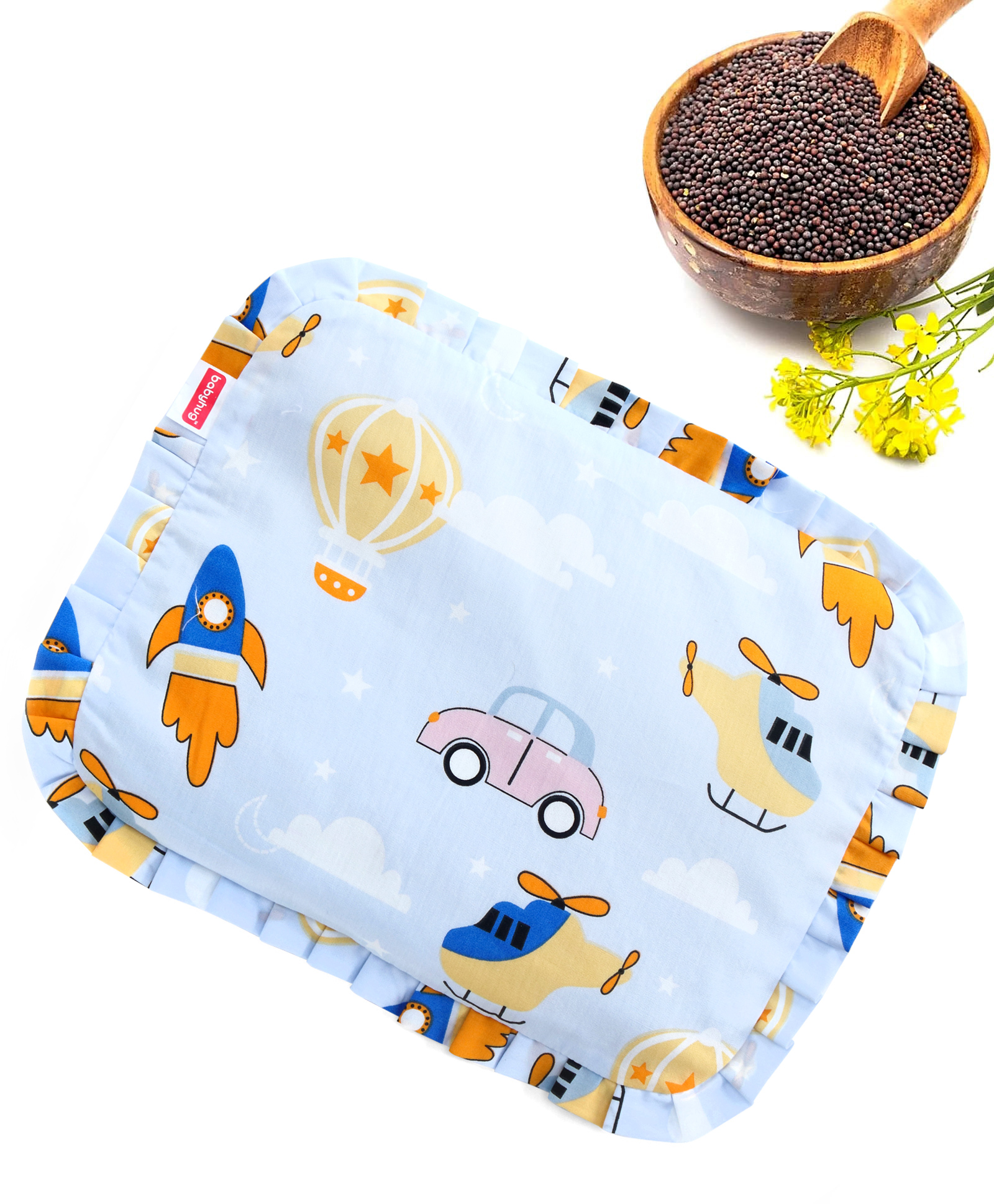 Babyhug Head Shaping Mustard Seed Pillow Transport Print - Blue| 1 Kg Natural Rai| Cotton Removable Cover| Natural Warming Property|Prevents Cold & Flat Head Syndrome| NewBorn Neck & Shoulder Support-picture-24