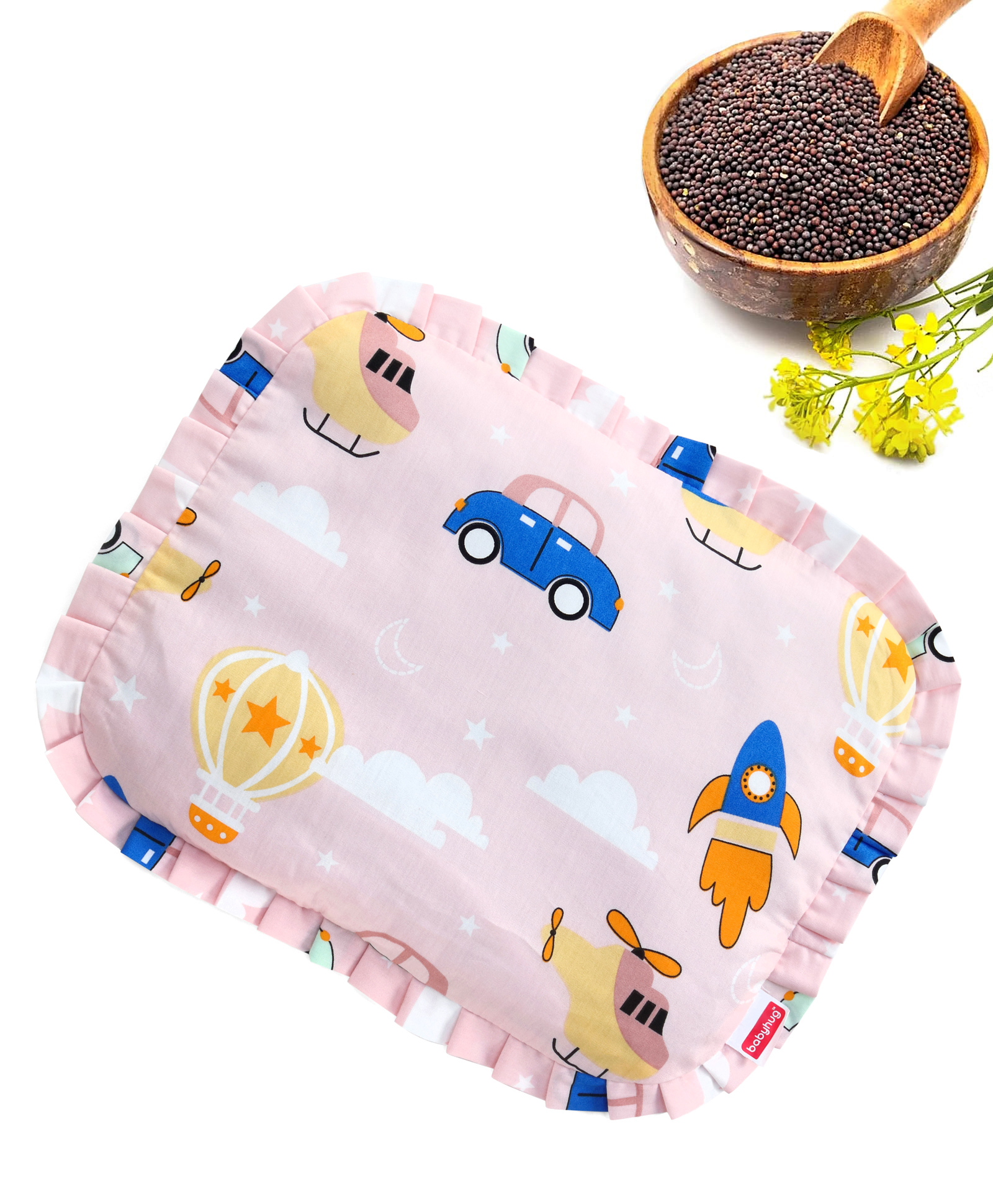 Babyhug Head Shaping Mustard Seed Pillow Transport Print - Peach| 1 Kg Natural Rai| Cotton Removable Cover| Natural Warming Property|Prevents Cold & Flat Head Syndrome| NewBorn Neck & Shoulder Support-image-43