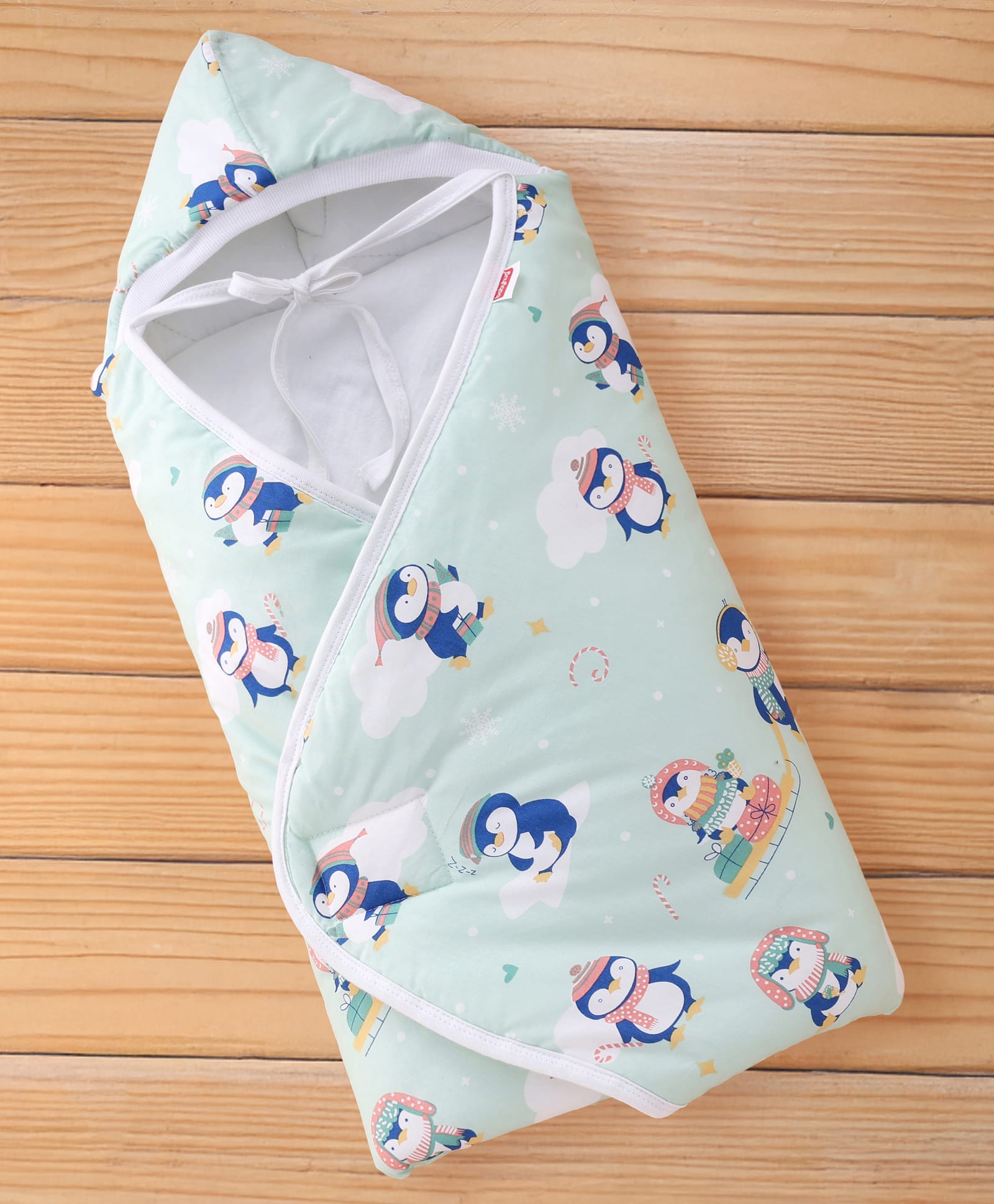 Babyhug 100% Cotton Hooded Quilted Wrapper Penguin Print - Green| Travel Friendly| Washable and Easy to Maintain| Breathable Fabric| Velcro Closure| Warm and Cozy| New Born Gifting Option-image-20