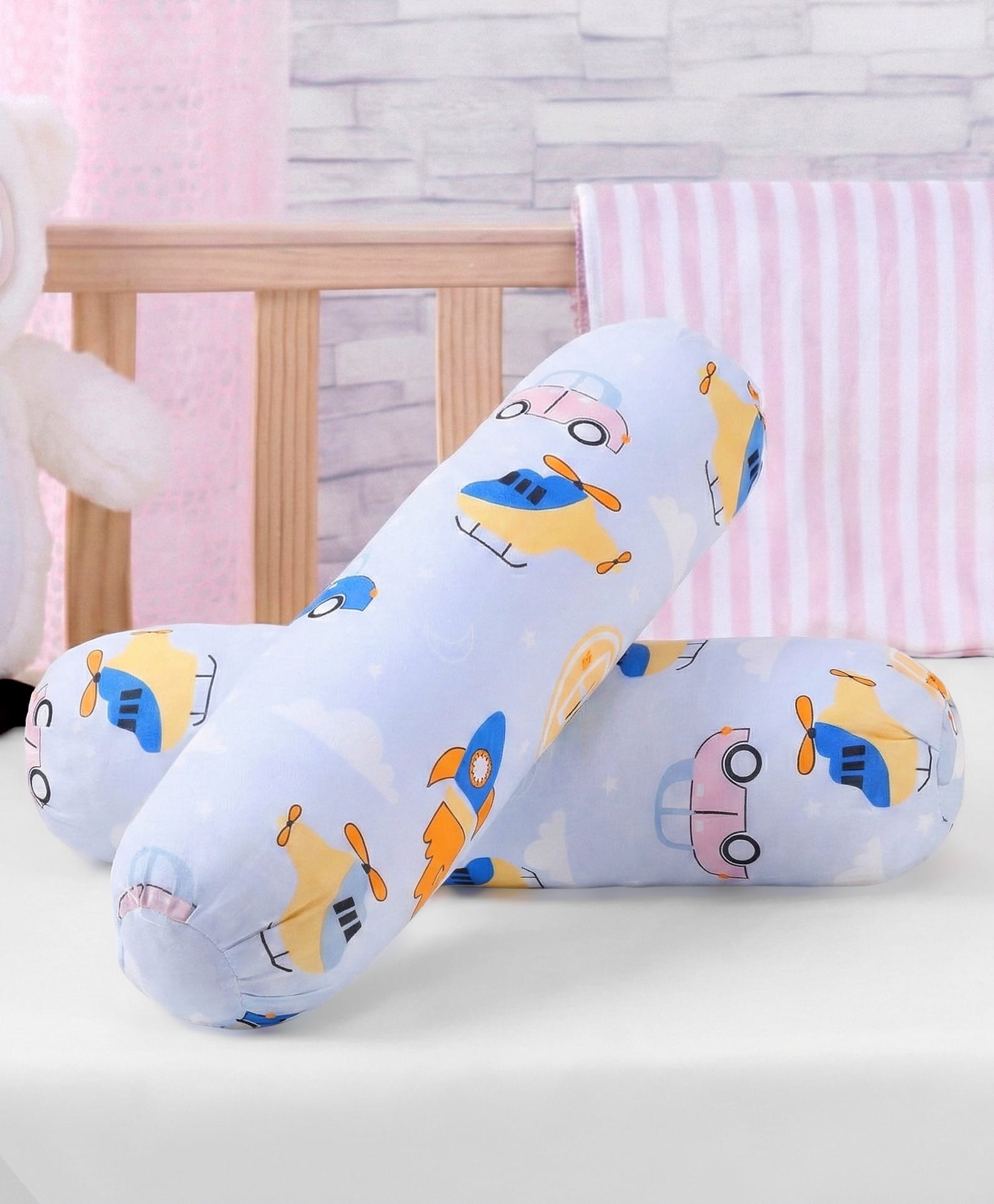 Babyhug Bolsters Transport Print Set of 2 - Blue| 100% Cotton Outer Cover| Safe Sleep| Girls and Boys| Protection from Crib Railing| New Born Gifting Option-image-26