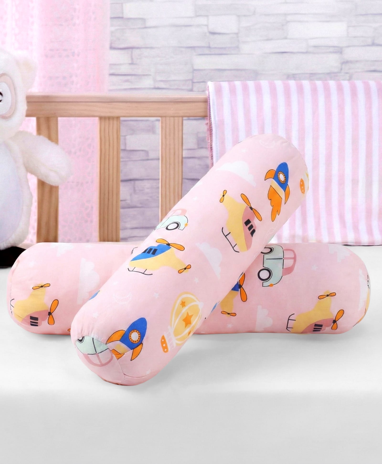 Babyhug Bolsters Transport Print Set of 2 - Peach| 100% Cotton Outer Cover| Soft Poly Filling| Safe Sleep| Girls and Boys| Protection from Crib Railing| New Born Gifting Option-image-29